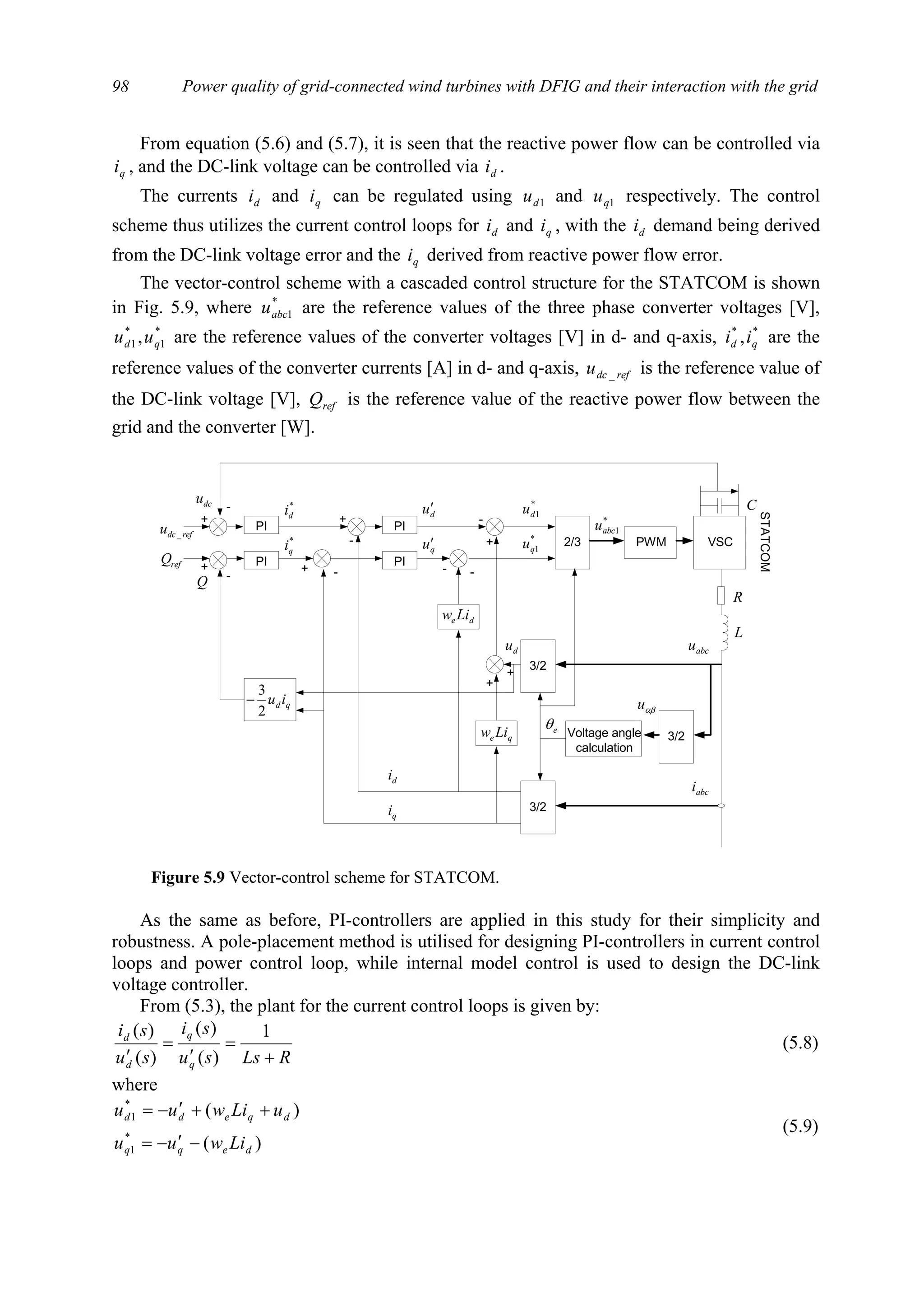 Power quality of grid-connected wind turbines with DFIG and their interaction with the grid98
From equation (5.6) and (5.7), it is seen that the reactive power flow can be controlled via
qi , and the DC-link voltage can be controlled via di .
The currents di and qi can be regulated using 1du and 1qu respectively. The control
scheme thus utilizes the current control loops for di and qi , with the di demand being derived
from the DC-link voltage error and the qi derived from reactive power flow error.
The vector-control scheme with a cascaded control structure for the STATCOM is shown
in Fig. 5.9, where *
1abcu are the reference values of the three phase converter voltages [V],
*
1
*
1, qd uu are the reference values of the converter voltages [V] in d- and q-axis, **
, qd ii are the
reference values of the converter currents [A] in d- and q-axis, refdcu _ is the reference value of
the DC-link voltage [V], refQ is the reference value of the reactive power flow between the
grid and the converter [W].
As the same as before, PI-controllers are applied in this study for their simplicity and
robustness. A pole-placement method is utilised for designing PI-controllers in current control
loops and power control loop, while internal model control is used to design the DC-link
voltage controller.
From (5.3), the plant for the current control loops is given by:
RLssu
si
su
si
q
q
d
d
+
=
′
=
′
1
)(
)(
)(
)(
(5.8)
where
)(
)(
*
1
*
1
deqq
dqedd
Liwuu
uLiwuu
−′−=
++′−=
(5.9)
PWM2/3
3/2Voltage angle
calculation
3/2
3/2
PI
PI
qe Liw
de Liw
PI
refdcu _
dcu
+
- *
di
+
-
du′
di
qi
*
qi qu′
+ -
-
+
+
+
du
*
1du
*
1qu
- -
*
1abcu
L
R
eθ
abcu
abci
αβu
PIrefQ
qd iu
2
3
−
Q
+
-
VSC
C
STATCOM
Figure 5.9 Vector-control scheme for STATCOM.
 