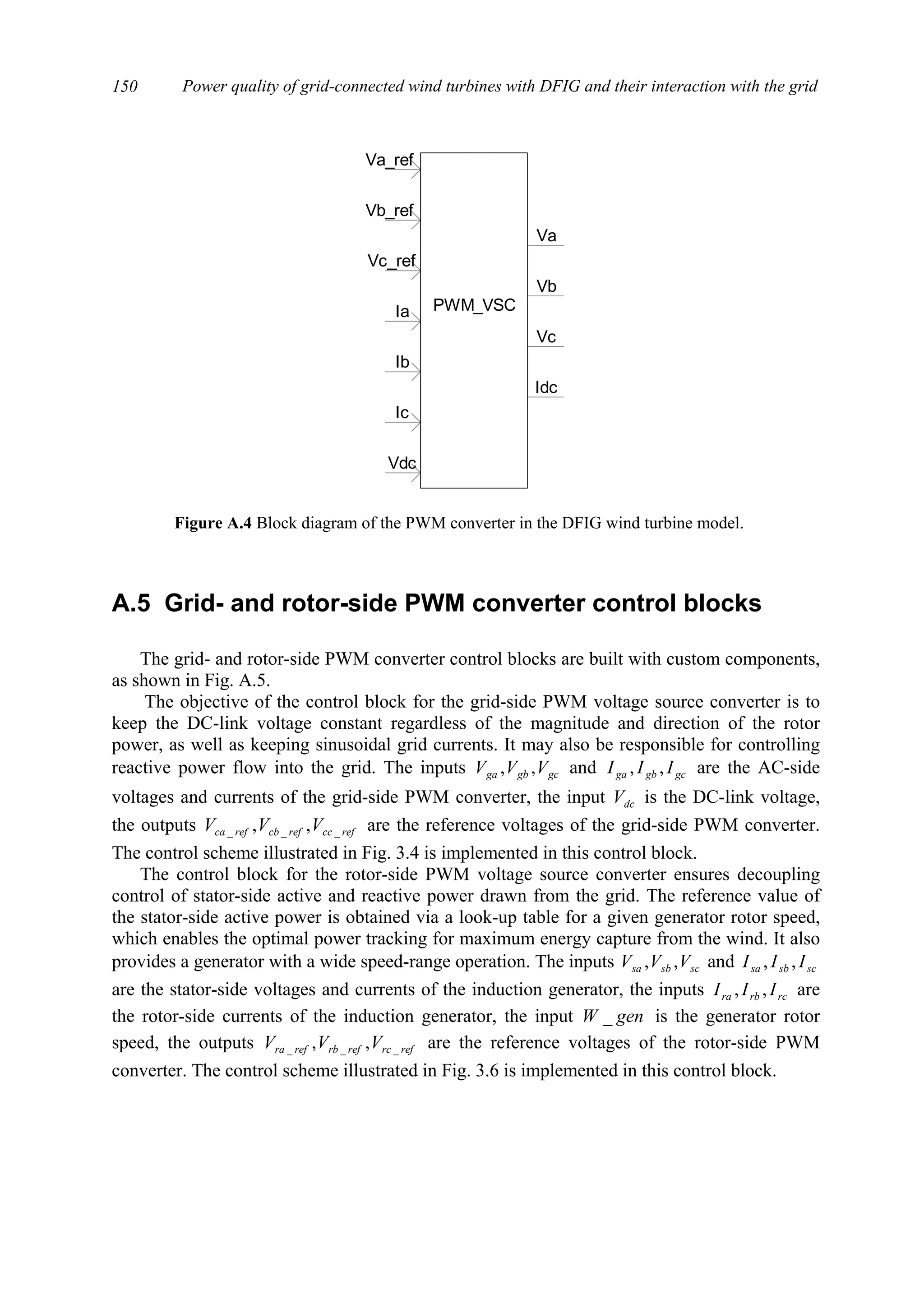 Power quality of grid-connected wind turbines with DFIG and their interaction with the grid150
A.5 Grid- and rotor-side PWM converter control blocks
The grid- and rotor-side PWM converter control blocks are built with custom components,
as shown in Fig. A.5.
The objective of the control block for the grid-side PWM voltage source converter is to
keep the DC-link voltage constant regardless of the magnitude and direction of the rotor
power, as well as keeping sinusoidal grid currents. It may also be responsible for controlling
reactive power flow into the grid. The inputs gcgbga VVV ,, and gcgbga III ,, are the AC-side
voltages and currents of the grid-side PWM converter, the input dcV is the DC-link voltage,
the outputs refccrefcbrefca VVV ___ ,, are the reference voltages of the grid-side PWM converter.
The control scheme illustrated in Fig. 3.4 is implemented in this control block.
The control block for the rotor-side PWM voltage source converter ensures decoupling
control of stator-side active and reactive power drawn from the grid. The reference value of
the stator-side active power is obtained via a look-up table for a given generator rotor speed,
which enables the optimal power tracking for maximum energy capture from the wind. It also
provides a generator with a wide speed-range operation. The inputs scsbsa VVV ,, and scsbsa III ,,
are the stator-side voltages and currents of the induction generator, the inputs rcrbra III ,, are
the rotor-side currents of the induction generator, the input genW _ is the generator rotor
speed, the outputs refrcrefrbrefra VVV ___ ,, are the reference voltages of the rotor-side PWM
converter. The control scheme illustrated in Fig. 3.6 is implemented in this control block.
Ia
Ib
Ic
Va
Vc
Idc
Vb
PWM_VSC
Vc_ref
Vb_ref
Va_ref
Vdc
Figure A.4 Block diagram of the PWM converter in the DFIG wind turbine model.
 