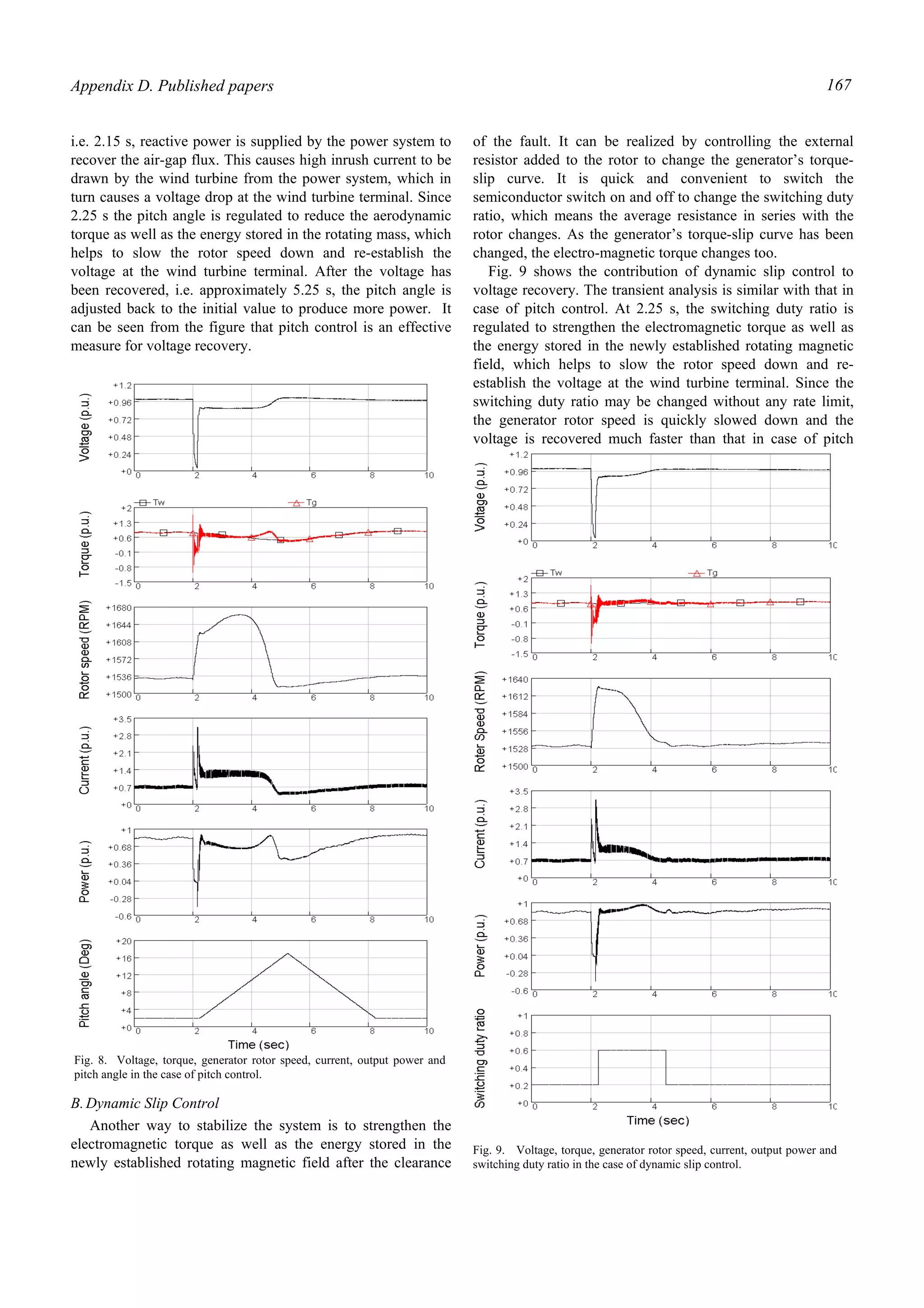 Appendix D. Published papers 167
i.e. 2.15 s, reactive power is supplied by the power system to
recover the air-gap flux. This causes high inrush current to be
drawn by the wind turbine from the power system, which in
turn causes a voltage drop at the wind turbine terminal. Since
2.25 s the pitch angle is regulated to reduce the aerodynamic
torque as well as the energy stored in the rotating mass, which
helps to slow the rotor speed down and re-establish the
voltage at the wind turbine terminal. After the voltage has
been recovered, i.e. approximately 5.25 s, the pitch angle is
adjusted back to the initial value to produce more power. It
can be seen from the figure that pitch control is an effective
measure for voltage recovery.
B.Dynamic Slip Control
Another way to stabilize the system is to strengthen the
electromagnetic torque as well as the energy stored in the
newly established rotating magnetic field after the clearance
of the fault. It can be realized by controlling the external
resistor added to the rotor to change the generator’s torque-
slip curve. It is quick and convenient to switch the
semiconductor switch on and off to change the switching duty
ratio, which means the average resistance in series with the
rotor changes. As the generator’s torque-slip curve has been
changed, the electro-magnetic torque changes too.
Fig. 9 shows the contribution of dynamic slip control to
voltage recovery. The transient analysis is similar with that in
case of pitch control. At 2.25 s, the switching duty ratio is
regulated to strengthen the electromagnetic torque as well as
the energy stored in the newly established rotating magnetic
field, which helps to slow the rotor speed down and re-
establish the voltage at the wind turbine terminal. Since the
switching duty ratio may be changed without any rate limit,
the generator rotor speed is quickly slowed down and the
voltage is recovered much faster than that in case of pitch
Fig. 8. Voltage, torque, generator rotor speed, current, output power and
pitch angle in the case of pitch control.
Fig. 9. Voltage, torque, generator rotor speed, current, output power and
switching duty ratio in the case of dynamic slip control.
 