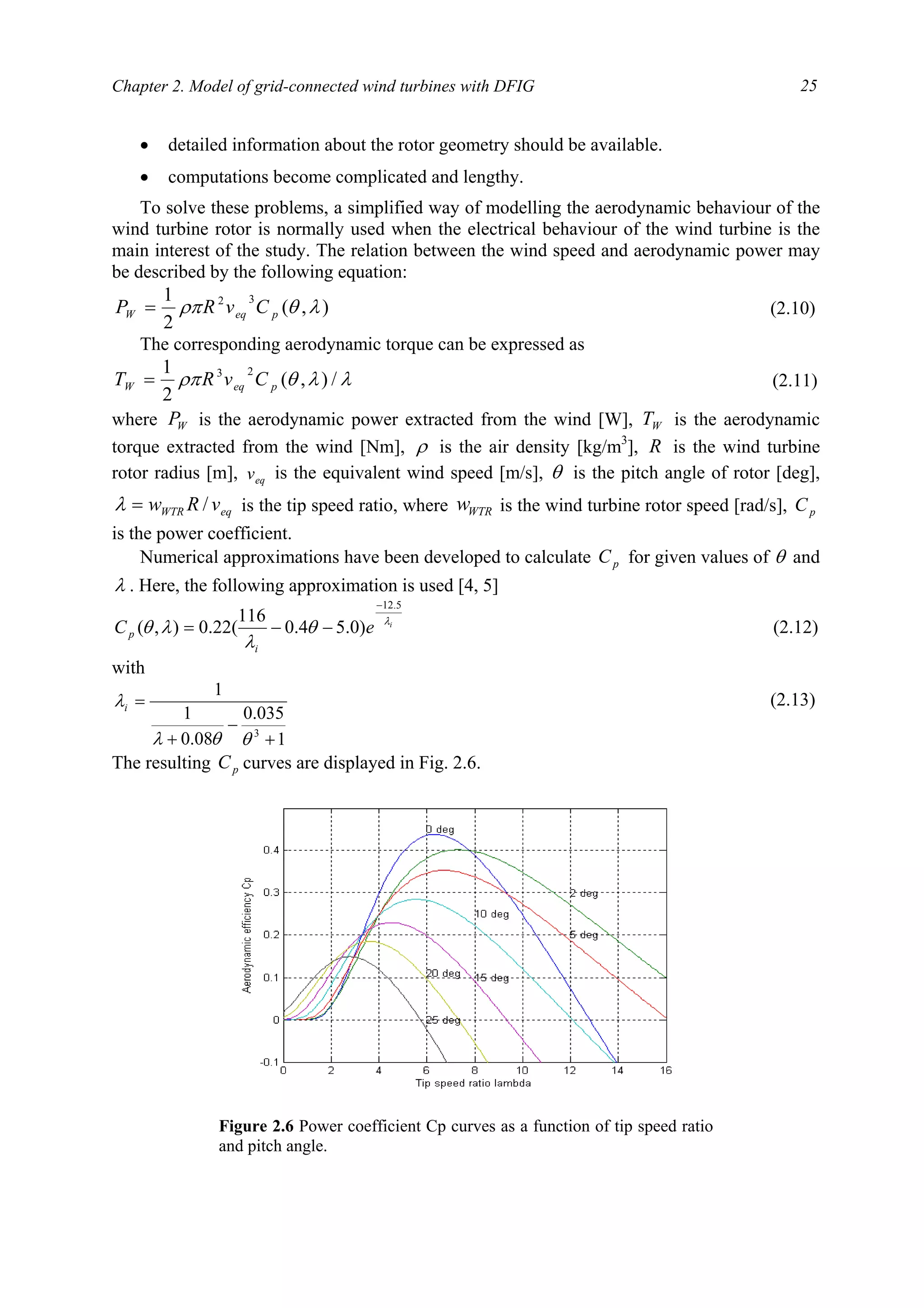 Chapter 2. Model of grid-connected wind turbines with DFIG 25
• detailed information about the rotor geometry should be available.
• computations become complicated and lengthy.
To solve these problems, a simplified way of modelling the aerodynamic behaviour of the
wind turbine rotor is normally used when the electrical behaviour of the wind turbine is the
main interest of the study. The relation between the wind speed and aerodynamic power may
be described by the following equation:
),(
2
1 32
λθρπ peqW CvRP = (2.10)
The corresponding aerodynamic torque can be expressed as
λλθρπ /),(
2
1 23
peqW CvRT = (2.11)
where WP is the aerodynamic power extracted from the wind [W], WT is the aerodynamic
torque extracted from the wind [Nm], ρ is the air density [kg/m3
], R is the wind turbine
rotor radius [m], eqv is the equivalent wind speed [m/s], θ is the pitch angle of rotor [deg],
eqWTR vRw /=λ is the tip speed ratio, where WTRw is the wind turbine rotor speed [rad/s], pC
is the power coefficient.
Numerical approximations have been developed to calculate pC for given values of θ and
λ . Here, the following approximation is used [4, 5]
i
eC
i
p
λ
θ
λ
λθ
5.12
)0.54.0
116
(22.0),(
−
−−= (2.12)
with
1
035.0
08.0
1
1
3
+
−
+
=
θθλ
λi
(2.13)
The resulting pC curves are displayed in Fig. 2.6.
Figure 2.6 Power coefficient Cp curves as a function of tip speed ratio
and pitch angle.
 