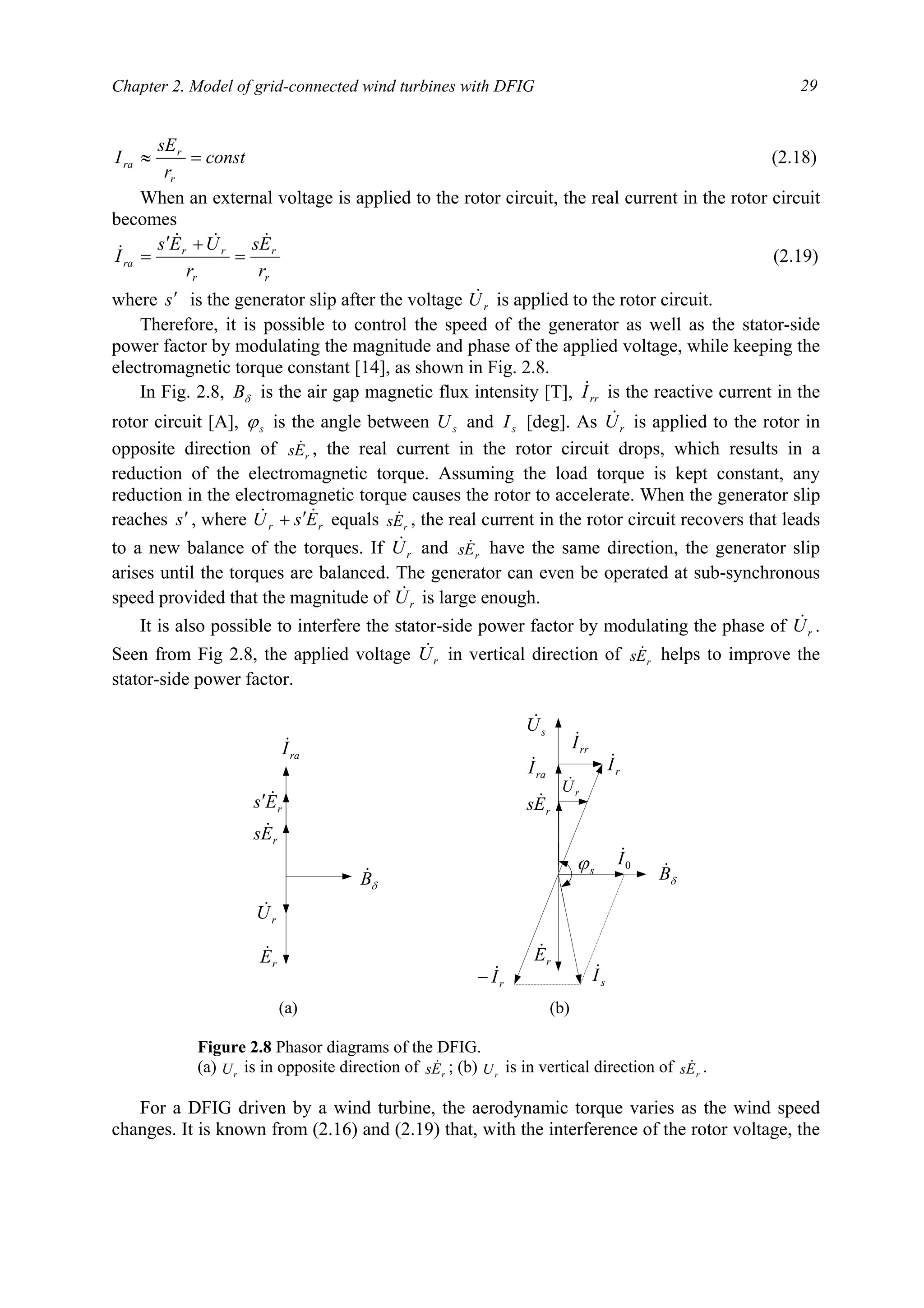 Chapter 2. Model of grid-connected wind turbines with DFIG 29
const
r
sE
I
r
r
ra =≈ (2.18)
When an external voltage is applied to the rotor circuit, the real current in the rotor circuit
becomes
r
r
r
rr
ra
r
Es
r
UEs
I
&&&
& =
+′
= (2.19)
where s′ is the generator slip after the voltage rU& is applied to the rotor circuit.
Therefore, it is possible to control the speed of the generator as well as the stator-side
power factor by modulating the magnitude and phase of the applied voltage, while keeping the
electromagnetic torque constant [14], as shown in Fig. 2.8.
In Fig. 2.8, δB is the air gap magnetic flux intensity [T], rrI& is the reactive current in the
rotor circuit [A], sϕ is the angle between sU and sI [deg]. As rU& is applied to the rotor in
opposite direction of rEs & , the real current in the rotor circuit drops, which results in a
reduction of the electromagnetic torque. Assuming the load torque is kept constant, any
reduction in the electromagnetic torque causes the rotor to accelerate. When the generator slip
reaches s′, where rr EsU && ′+ equals rEs & , the real current in the rotor circuit recovers that leads
to a new balance of the torques. If rU& and rEs & have the same direction, the generator slip
arises until the torques are balanced. The generator can even be operated at sub-synchronous
speed provided that the magnitude of rU& is large enough.
It is also possible to interfere the stator-side power factor by modulating the phase of rU& .
Seen from Fig 2.8, the applied voltage rU& in vertical direction of rEs & helps to improve the
stator-side power factor.
For a DFIG driven by a wind turbine, the aerodynamic torque varies as the wind speed
changes. It is known from (2.16) and (2.19) that, with the interference of the rotor voltage, the
δB&
rU&
rEs &
raI&
rEs &′
δB&
rU&
rEs &
raI&
sU&
0I&
rrI&
rI&
rI&− sI&rE& rE&
sϕ
(a) (b)
Figure 2.8 Phasor diagrams of the DFIG.
(a) rU is in opposite direction of rEs & ; (b) rU is in vertical direction of rEs & .
 