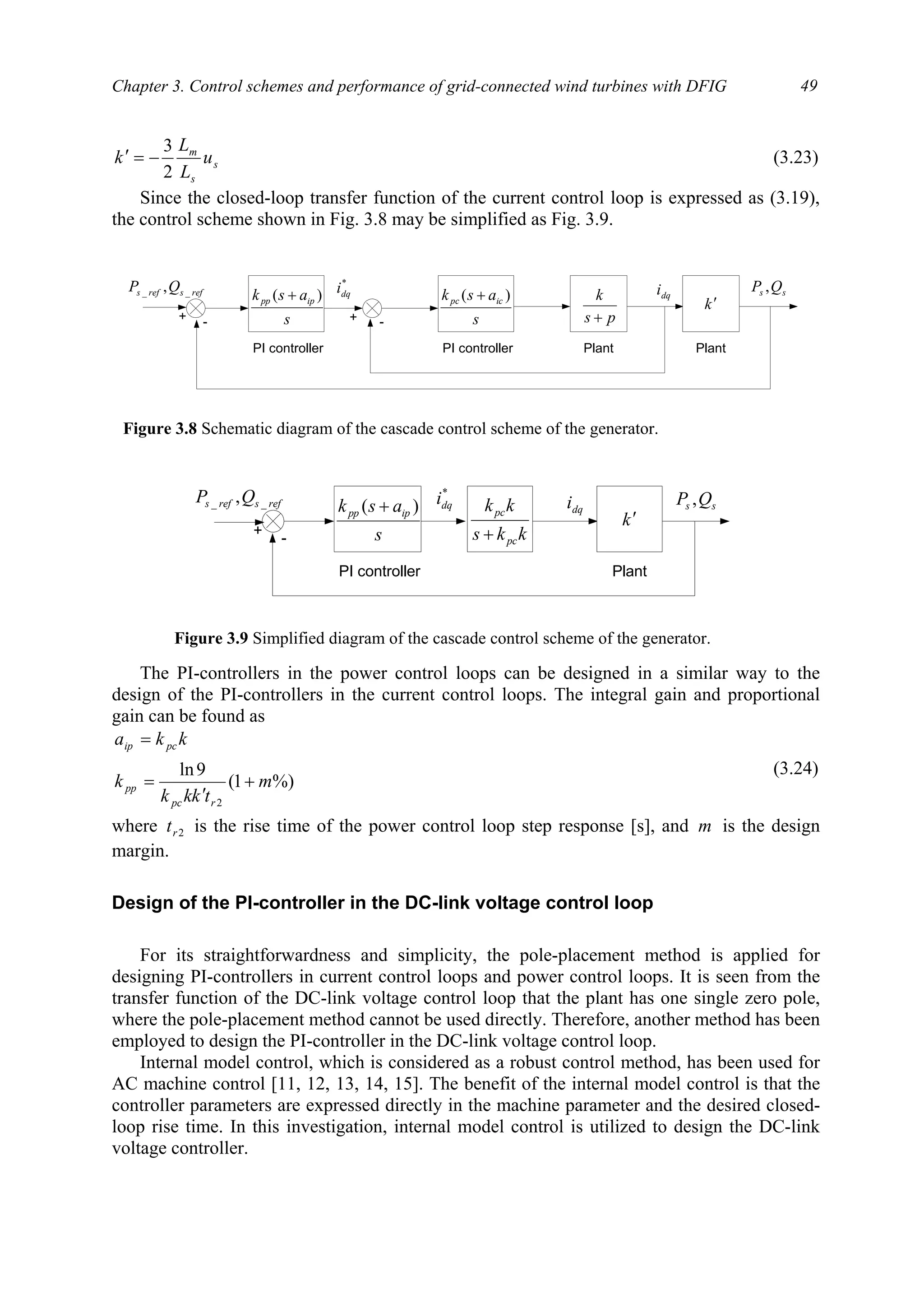 Chapter 3. Control schemes and performance of grid-connected wind turbines with DFIG 49
s
s
m
u
L
L
k
2
3
−=′ (3.23)
Since the closed-loop transfer function of the current control loop is expressed as (3.19),
the control scheme shown in Fig. 3.8 may be simplified as Fig. 3.9.
The PI-controllers in the power control loops can be designed in a similar way to the
design of the PI-controllers in the current control loops. The integral gain and proportional
gain can be found as
%)1(
9ln
2
m
tkkk
k
kka
rpc
pp
pcip
+
′
=
=
(3.24)
where 2rt is the rise time of the power control loop step response [s], and m is the design
margin.
Design of the PI-controller in the DC-link voltage control loop
For its straightforwardness and simplicity, the pole-placement method is applied for
designing PI-controllers in current control loops and power control loops. It is seen from the
transfer function of the DC-link voltage control loop that the plant has one single zero pole,
where the pole-placement method cannot be used directly. Therefore, another method has been
employed to design the PI-controller in the DC-link voltage control loop.
Internal model control, which is considered as a robust control method, has been used for
AC machine control [11, 12, 13, 14, 15]. The benefit of the internal model control is that the
controller parameters are expressed directly in the machine parameter and the desired closed-
loop rise time. In this investigation, internal model control is utilized to design the DC-link
voltage controller.
+ - s
ask icpc )( +
PI controller
ps
k
+
Plant
dqi
*
dqi
k′
s
ask ippp )( +
PI controller
-+
ss QP ,refsrefs QP __ ,
Plant
Figure 3.8 Schematic diagram of the cascade control scheme of the generator.
kks
kk
pc
pc
+
dqi
k′
s
ask ippp )( +
PI controller
-+
ss QP ,refsrefs QP __ ,
Plant
*
dqi
Figure 3.9 Simplified diagram of the cascade control scheme of the generator.
 