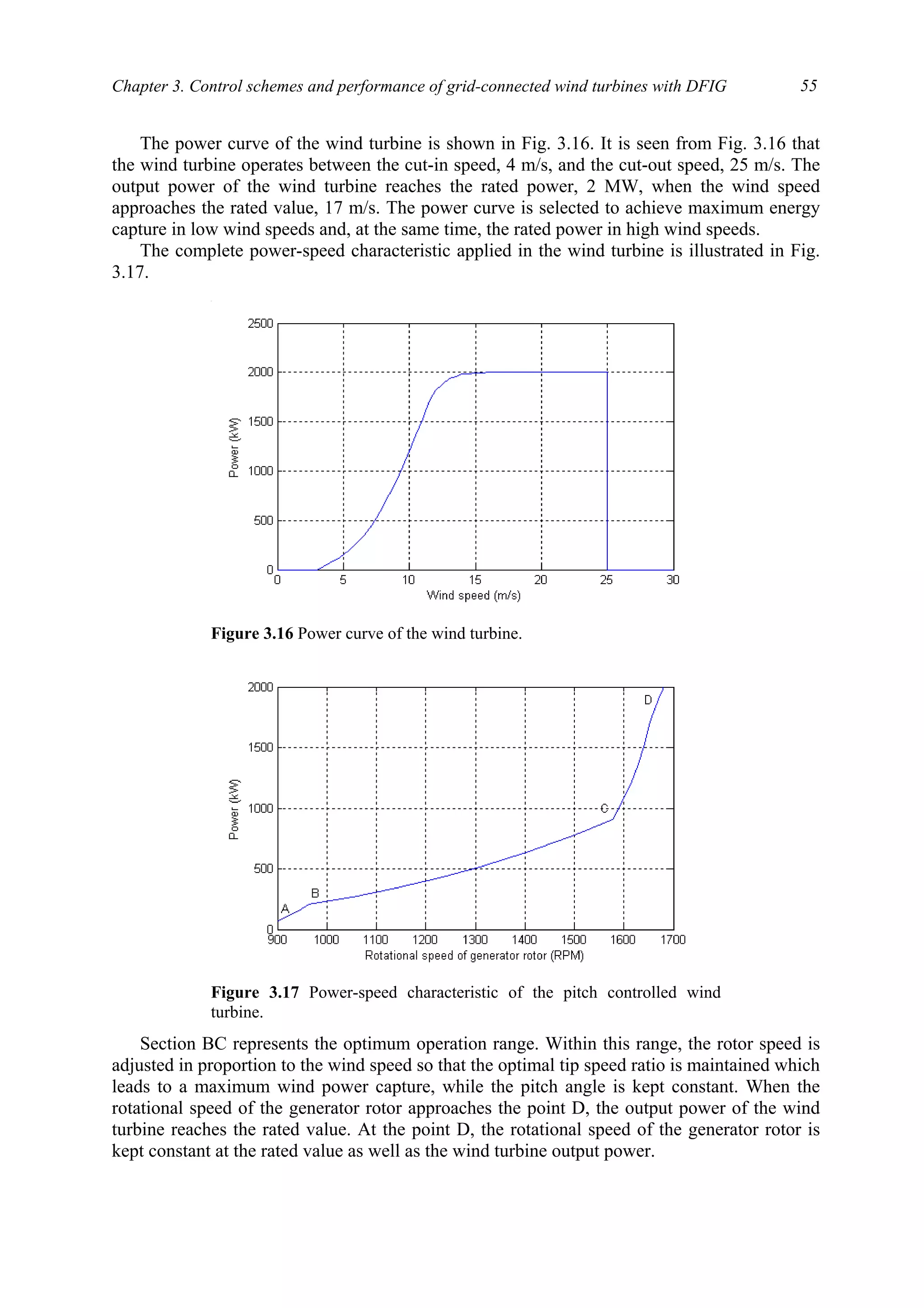 Chapter 3. Control schemes and performance of grid-connected wind turbines with DFIG 55
The power curve of the wind turbine is shown in Fig. 3.16. It is seen from Fig. 3.16 that
the wind turbine operates between the cut-in speed, 4 m/s, and the cut-out speed, 25 m/s. The
output power of the wind turbine reaches the rated power, 2 MW, when the wind speed
approaches the rated value, 17 m/s. The power curve is selected to achieve maximum energy
capture in low wind speeds and, at the same time, the rated power in high wind speeds.
The complete power-speed characteristic applied in the wind turbine is illustrated in Fig.
3.17.
Section BC represents the optimum operation range. Within this range, the rotor speed is
adjusted in proportion to the wind speed so that the optimal tip speed ratio is maintained which
leads to a maximum wind power capture, while the pitch angle is kept constant. When the
rotational speed of the generator rotor approaches the point D, the output power of the wind
turbine reaches the rated value. At the point D, the rotational speed of the generator rotor is
kept constant at the rated value as well as the wind turbine output power.
Figure 3.16 Power curve of the wind turbine.
Figure 3.17 Power-speed characteristic of the pitch controlled wind
turbine.
 
