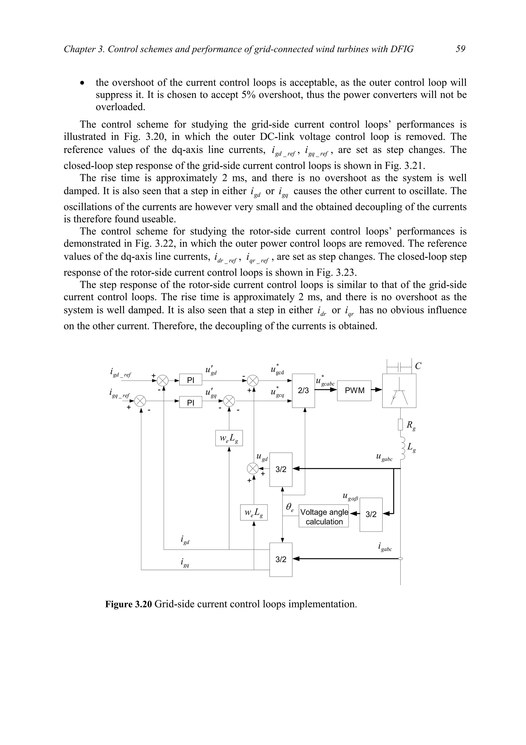 Chapter 3. Control schemes and performance of grid-connected wind turbines with DFIG 59
• the overshoot of the current control loops is acceptable, as the outer control loop will
suppress it. It is chosen to accept 5% overshoot, thus the power converters will not be
overloaded.
The control scheme for studying the grid-side current control loops’ performances is
illustrated in Fig. 3.20, in which the outer DC-link voltage control loop is removed. The
reference values of the dq-axis line currents, refgqrefgd ii __ , , are set as step changes. The
closed-loop step response of the grid-side current control loops is shown in Fig. 3.21.
The rise time is approximately 2 ms, and there is no overshoot as the system is well
damped. It is also seen that a step in either gdi or gqi causes the other current to oscillate. The
oscillations of the currents are however very small and the obtained decoupling of the currents
is therefore found useable.
The control scheme for studying the rotor-side current control loops’ performances is
demonstrated in Fig. 3.22, in which the outer power control loops are removed. The reference
values of the dq-axis line currents, refqrrefdr ii __ , , are set as step changes. The closed-loop step
response of the rotor-side current control loops is shown in Fig. 3.23.
The step response of the rotor-side current control loops is similar to that of the grid-side
current control loops. The rise time is approximately 2 ms, and there is no overshoot as the
system is well damped. It is also seen that a step in either dri or qri has no obvious influence
on the other current. Therefore, the decoupling of the currents is obtained.
PWM2/3
3/2Voltage angle
calculation
3/2
3/2
PI
PI
ge Lw
ge Lw
refgdi _ +
-
gdu′
gdi
gqi
refgqi _ gqu′
+ -
-
+
+
+
gdu
*
gcdu
*
gcqu
- -
*
gcabcu
gL
gR
eθ
gabcu
gabci
αβgu
C
Figure 3.20 Grid-side current control loops implementation.
 