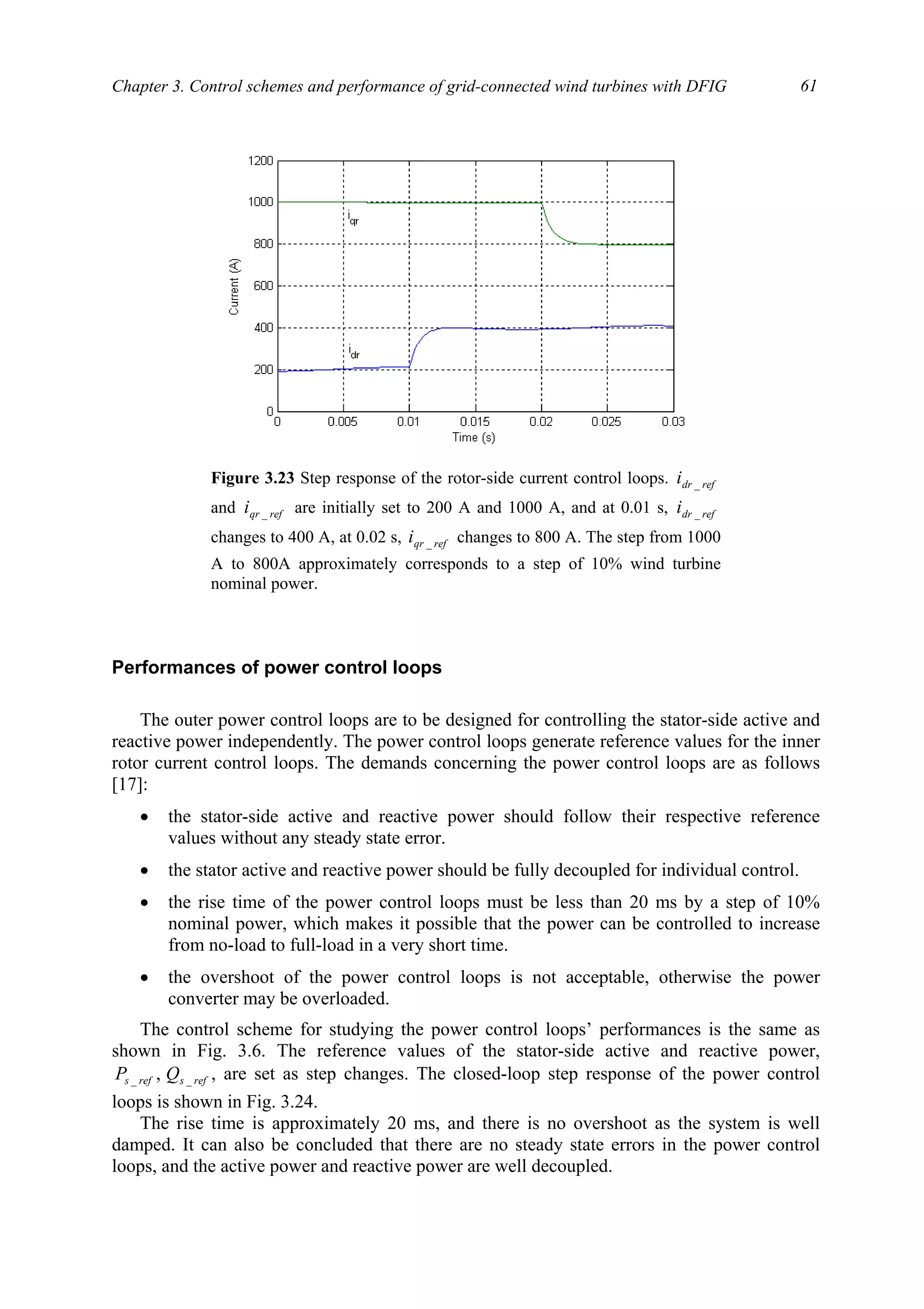 Chapter 3. Control schemes and performance of grid-connected wind turbines with DFIG 61
Performances of power control loops
The outer power control loops are to be designed for controlling the stator-side active and
reactive power independently. The power control loops generate reference values for the inner
rotor current control loops. The demands concerning the power control loops are as follows
[17]:
• the stator-side active and reactive power should follow their respective reference
values without any steady state error.
• the stator active and reactive power should be fully decoupled for individual control.
• the rise time of the power control loops must be less than 20 ms by a step of 10%
nominal power, which makes it possible that the power can be controlled to increase
from no-load to full-load in a very short time.
• the overshoot of the power control loops is not acceptable, otherwise the power
converter may be overloaded.
The control scheme for studying the power control loops’ performances is the same as
shown in Fig. 3.6. The reference values of the stator-side active and reactive power,
refsrefs QP __ , , are set as step changes. The closed-loop step response of the power control
loops is shown in Fig. 3.24.
The rise time is approximately 20 ms, and there is no overshoot as the system is well
damped. It can also be concluded that there are no steady state errors in the power control
loops, and the active power and reactive power are well decoupled.
Figure 3.23 Step response of the rotor-side current control loops. refdri _
and refqri _ are initially set to 200 A and 1000 A, and at 0.01 s, refdri _
changes to 400 A, at 0.02 s, refqri _ changes to 800 A. The step from 1000
A to 800A approximately corresponds to a step of 10% wind turbine
nominal power.
 