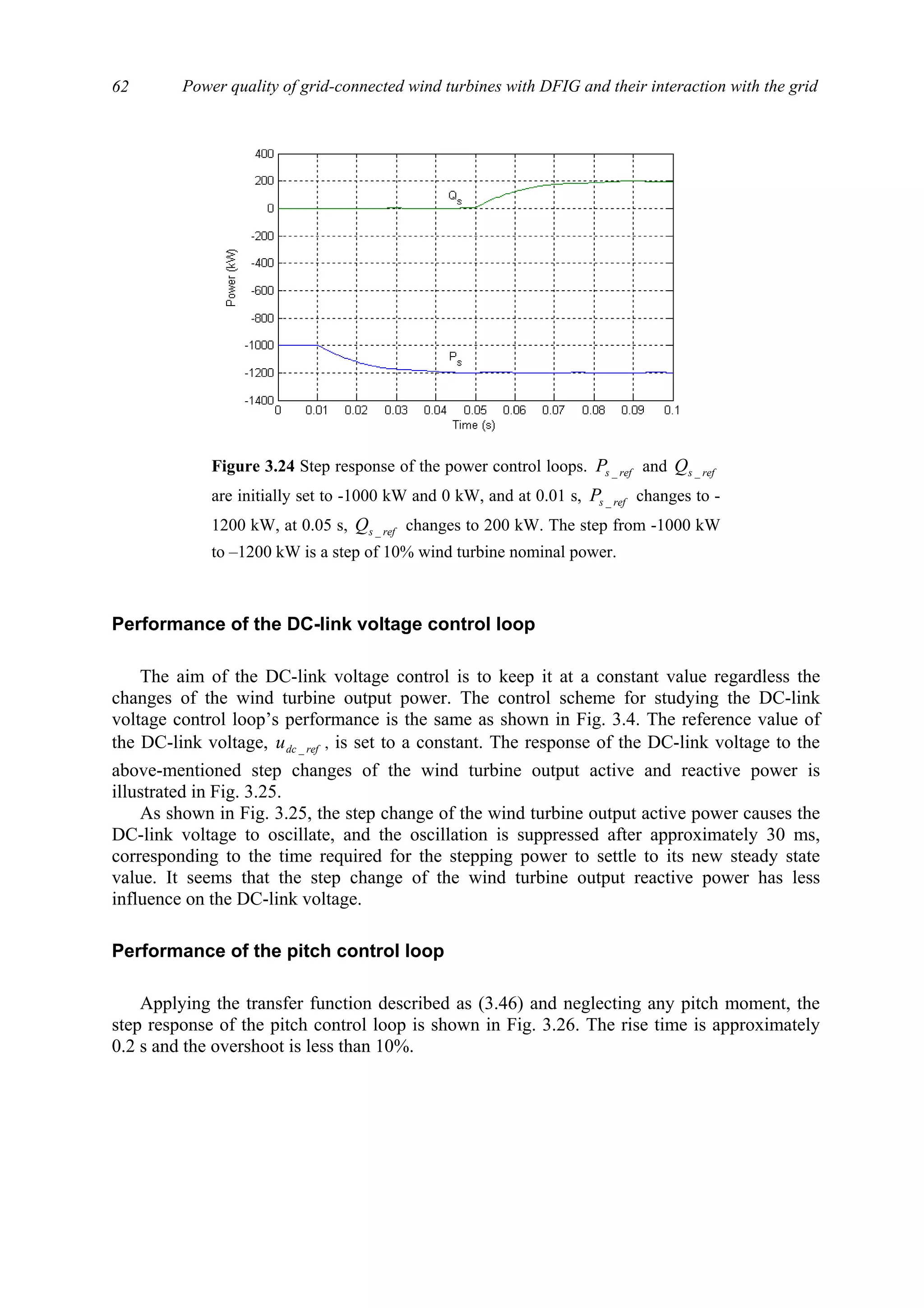 Power quality of grid-connected wind turbines with DFIG and their interaction with the grid62
Performance of the DC-link voltage control loop
The aim of the DC-link voltage control is to keep it at a constant value regardless the
changes of the wind turbine output power. The control scheme for studying the DC-link
voltage control loop’s performance is the same as shown in Fig. 3.4. The reference value of
the DC-link voltage, refdcu _ , is set to a constant. The response of the DC-link voltage to the
above-mentioned step changes of the wind turbine output active and reactive power is
illustrated in Fig. 3.25.
As shown in Fig. 3.25, the step change of the wind turbine output active power causes the
DC-link voltage to oscillate, and the oscillation is suppressed after approximately 30 ms,
corresponding to the time required for the stepping power to settle to its new steady state
value. It seems that the step change of the wind turbine output reactive power has less
influence on the DC-link voltage.
Performance of the pitch control loop
Applying the transfer function described as (3.46) and neglecting any pitch moment, the
step response of the pitch control loop is shown in Fig. 3.26. The rise time is approximately
0.2 s and the overshoot is less than 10%.
Figure 3.24 Step response of the power control loops. refsP _ and refsQ _
are initially set to -1000 kW and 0 kW, and at 0.01 s, refsP _ changes to -
1200 kW, at 0.05 s, refsQ _ changes to 200 kW. The step from -1000 kW
to –1200 kW is a step of 10% wind turbine nominal power.
 