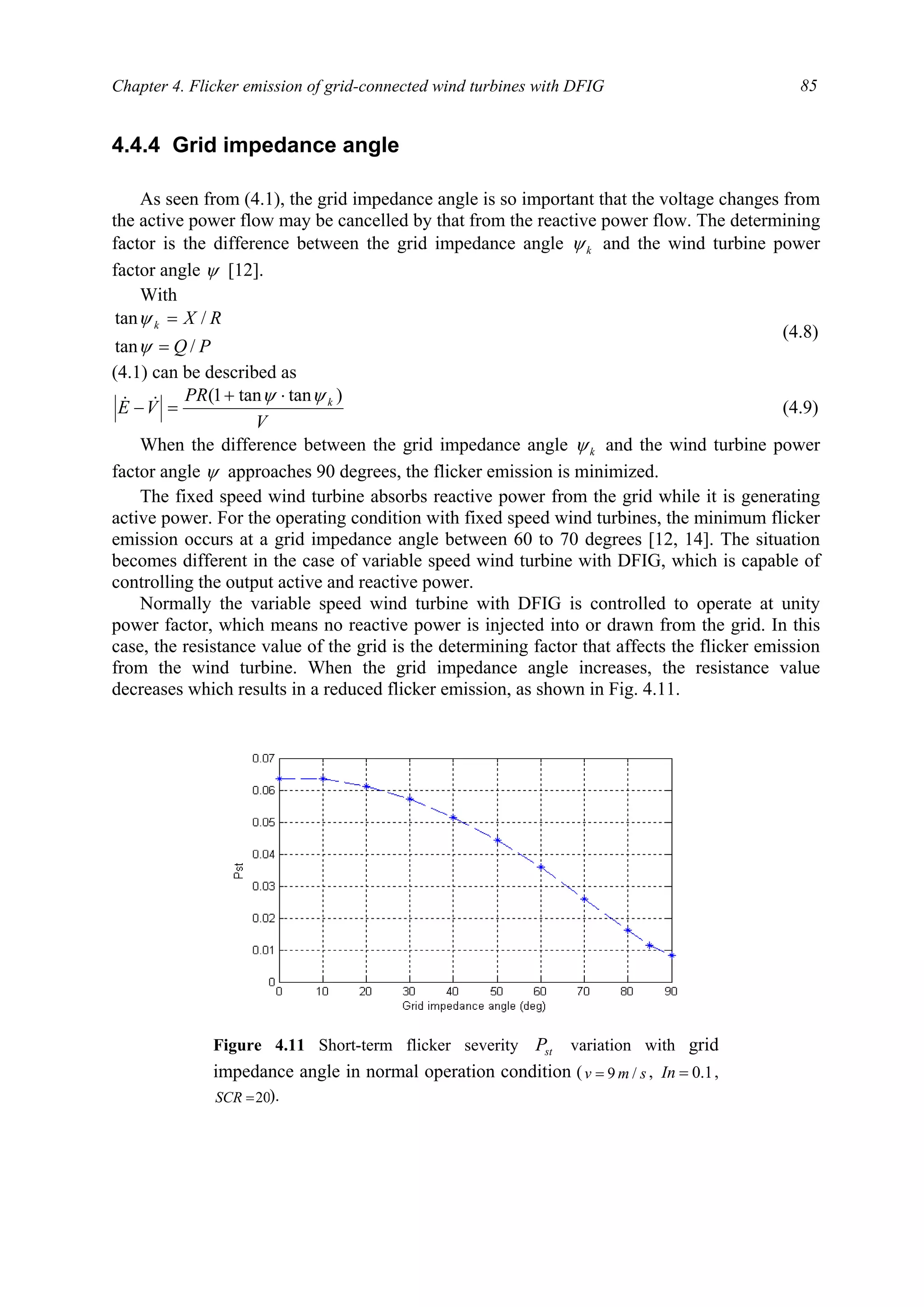 Chapter 4. Flicker emission of grid-connected wind turbines with DFIG 85
4.4.4 Grid impedance angle
As seen from (4.1), the grid impedance angle is so important that the voltage changes from
the active power flow may be cancelled by that from the reactive power flow. The determining
factor is the difference between the grid impedance angle kψ and the wind turbine power
factor angle ψ [12].
With
PQ
RXk
/tan
/tan
=
=
ψ
ψ
(4.8)
(4.1) can be described as
V
PR
VE k )tantan1( ψψ ⋅+
=− && (4.9)
When the difference between the grid impedance angle kψ and the wind turbine power
factor angle ψ approaches 90 degrees, the flicker emission is minimized.
The fixed speed wind turbine absorbs reactive power from the grid while it is generating
active power. For the operating condition with fixed speed wind turbines, the minimum flicker
emission occurs at a grid impedance angle between 60 to 70 degrees [12, 14]. The situation
becomes different in the case of variable speed wind turbine with DFIG, which is capable of
controlling the output active and reactive power.
Normally the variable speed wind turbine with DFIG is controlled to operate at unity
power factor, which means no reactive power is injected into or drawn from the grid. In this
case, the resistance value of the grid is the determining factor that affects the flicker emission
from the wind turbine. When the grid impedance angle increases, the resistance value
decreases which results in a reduced flicker emission, as shown in Fig. 4.11.
Figure 4.11 Short-term flicker severity stP variation with grid
impedance angle in normal operation condition ( smv /9= , 1.0=In ,
20=SCR ).
 
