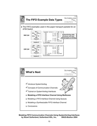 1-19

The FIFO Example Data Types
The FIFO examples used in this paper transport packets for an
ATM Switch

CLP

...

NNI Cell

GFC VPI11-4
VPI3-0
VCI15-12
VCI11-4
VCI3-0
PT
HEC
Payload 0
Payload 47

CLP

...

UNI Cell

GFC
VPI7-4
VPI3-0
VCI15-12
VCI11-4
VCI3-0
PT
HEC
Payload 0

typedef struct { // UNI Cell
bit
[ 3:0] GFC;
bit
[ 7:0] VPI;
SystemVerilog adds
bit
[15:0] VCI;
structures and userbit
CLP;
defined types to Verilog
bit
[ 2:0] T;
bit
[ 7:0] HEC;
bit [0:47] [ 7:0] Payload;
} uniType;

typedef struct { // NNI Cell
bit
[11:0] VPI;
bit
[15:0] VCI;
bit
CLP;
bit
[ 2:0] PT;
bit
[ 7:0] HEC;
bit [0:47] [ 7:0] Payload;
} nniType;

Payload 47

1-20

What’s Next

Introduce SystemVerilog
Concepts of Communication Channels
Tutorial on SystemVerilog Interfaces
Modeling a FIFO Interface Channel Using Mailboxes
Modeling a FIFO Interface Channel Using Queues
Modeling a Synthesizable FIFO Interface Channel
Conclusions

Modeling FIFO Communication Channels Using SystemVerilog Interfaces
by Stuart Sutherland, Sutherland HDL, Inc.
SNUG-Boston 2004
10

 