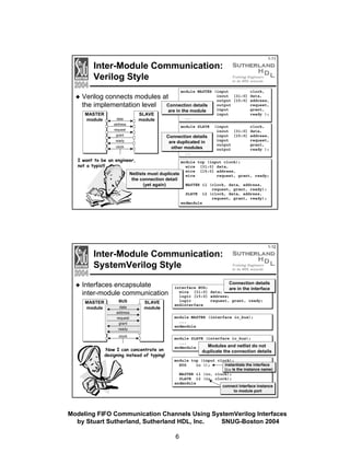 1-11

Inter-Module Communication:
Verilog Style

module MASTER (input
clock,
inout [31:0] data,
output [15:0] address,
output
request,
input
grant,
are in the module
input
ready );

Verilog connects modules at
Connection details
the implementation level
MASTER
module

SLAVE
module

data

...

address

module SLAVE

request
grant

Connection details
are duplicated in
other modules

ready
clock

(input
clock,
inout [31:0] data,
input [15:0] address,
input
request,
output
grant,
output
ready );

...

I want to be an engineer,
not a typist!

module top (input clock);
wire [31:0] data,
wire [15:0] address,
Netlists must duplicate wire
request, grant, ready;

the connection detail
(yet again)

MASTER i1 (clock, data, address,
request, grant, ready);
SLAVE i2 (clock, data, address,
request, grant, ready);
endmodule

1-12

Inter-Module Communication:
SystemVerilog Style
Interfaces encapsulate
inter-module communication
MASTER
module

BUS
data
address
request
grant

SLAVE
module

ready
clock

Now I can concentrate on
designing instead of typing!

Connection details
interface BUS;
are in the interface
wire [31:0] data;
logic [15:0] address;
logic
request, grant, ready;
endinterface
module MASTER (interface io_bus);
...
endmodule
module SLAVE (interface io_bus);
...
Modules and netlist do not
endmodule

duplicate the connection details

module top (input clock);
instantiate the interface
BUS
io ();
(io is the instance name)
MASTER i1 (io, clock);
SLAVE i2 (io, clock);
endmodule
connect interface instance
to module port

Modeling FIFO Communication Channels Using SystemVerilog Interfaces
by Stuart Sutherland, Sutherland HDL, Inc.
SNUG-Boston 2004
6

 
