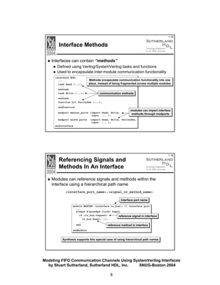 1-15

Interface Methods
Interfaces can contain “methods”
Defined using Verilog/SystemVerilog tasks and functions
Used to encapsulate inter-module communication functionality
interface BUS;
...
task Read (...);

Methods encapsulate communication functionality into one
place, instead of being fragmented across multiple modules

...

endtask
task Write (...);

communication methods

...

endtask
function bit ParityGen (...);
...

endfunction

modules can import interface
methods through modports

modport master_ports (import Read, Write,
input ... );
modport slave_ports

(import Read, Write, ParityGen,
input ... );

endinterface

Referencing Signals and
Methods In An Interface

1-16

Modules can reference signals and methods within the
interface using a hierarchical path name
<interface_port_name>.<signal_or_method_name>
interface port name
module MASTER (interface io_bus); // interface port
...
always @(posedge clock) begin
if (io_bus.request)
reference signal in interface
io_bus.Read(...);
...
end
reference method in interface
...
endmodule

Synthesis supports this special case of using hierarchical path names

Modeling FIFO Communication Channels Using SystemVerilog Interfaces
by Stuart Sutherland, Sutherland HDL, Inc.
SNUG-Boston 2004
8

 