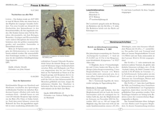 ARACHNE 9(1), 2004                                                                                                                                                                             ARACHNE 9(1), 2004
                                 Presse & Medien                                                                                                Leserbriefe

                                 31.07.2003                                                                 Leserbriefannahme:                                  Es sind keine Leserbriefe für diese Ausgabe
                                                                                                              Michaela Biese                                    eingegangen.
         Nachrichten aus aller Welt                                                                           Düsterbeck 51
                                                                                                              45731 Waltrop
LEIPZIG – Ein Student wurde am 24.07.2003                                                                        leserbriefe@dearge.de
in rund 40 Metern Höhe mit einem Kran zu
den Wipfeln des Leipziger Auwaldes beför-                                                                   Die Leserbriefe spiegeln nicht die Meinung
dert. Von einer Gondel aus überprüft der                                                                    der Redaktion oder der DeArGe e. V. wider.
Hochschüler den Spinnenbesatz in den                                                                        Die Redaktion behält sich das Recht auf
Kreuzfensterfallen, die hier angebracht wur-                                                                Kürzungen vor.
den. Der Student betreut einen Teil des Pro-
jektes »Kronendach«, mit dem Biologen,
Botaniker, Zoologen und Wissenschaftler
vieler anderer Disziplinen die letzten Ge -
heimnisse eines der größten zusammenhän-                                                                                                   Vereinsnachrichten
genden und naurnahen Auenwaldes in
Deutschland erforschen.                                                                                      Bericht zur Jahreshauptversammlung                 Mitteilungen«, sowie einer besseren öffentli-
    Mehr als 50 Spinnenarten sind seit Be-                                                                           der DeArGe e. V. 2003                      chen Präsenz der DeArGe e. V. zurückführ-
ginn der Dokumentation vor einem Jahr                                                                                                                           en. Ein großes Lob vom Vorstand wird
bereits entdeckt worden. Die wissenschaftli-                                                                Die Jahreshauptversammlung der Deutschen            daher an unseren Hauptschriftleiter VOLKER
chen Forschungen werden u. a. für Erkennt-           Heterometrus cf. fastigiosus, ein indischer Skorpion   Arachnologischen Gesellschaft e. V. fand am         VON WIRTH und sein Team, insbesondere an
                                                     Foto: Bishnu Lama
nisse bei der natürlichen Schädlingsbekämp-                                                                 25.10.2003 um 16 Uhr in der Bürgerzen-              den Layouter M ARTIN H UBER ausgespro-
fung eingesetzt.                                                                                            trum-Schuhfabrik, Königstrasse 7 in 59227           chen!
                                                    ceähnlichen Zustand. Fahrende Skorpion-
DPA                                                                                                         Ahlen statt.                                            Die DeArGe e. V. steht mittlerweile mit
                                                    dealer bieten die lebende Droge auf einem
                                                    rund 40 Kilometer langen Straßenabschnitt                   13 Mitglieder, davon 4 Vorstandsmitglie-        mehreren anderen Vereinen, die gleiche oder
    Quelle: »Glaube Aktuell«                                                                                der und 2 Gäste fanden den Weg zur dies-            ähnliche Interessen verfolgen, wie z. B. die
                                                    zwischen Walia und Dediapada zum Preis
    Gefunden von: John Osmani                                                                               jährigen Jahreshauptversammlung. Unser              Arachnida Schweiz, die British Tarantula Society
                                                    von umgerechnet drei bis vier Euro pro
                                                    Stich an. Für Nachschub an Tieren ist in der            Hauptschriftleiter VOLKER VON W IRTH                und die ZAG-Wirbellose im Terrarium e. V.,
                                                    Gegend gesorgt, weil Skorpione dort in vie-             konnte leider nicht anwesend sein, da er            im Schriftentausch. Insbesondere mit der
                                 01.08.2003         len Größen und Arten vorkommen. Ob -                    zum selben Zeitpunkt in der Schweiz auf             ZAG werden wir in Zukunft gemeinsame
                                                    wohl das Gift aus dem Schwanzstachel für                einer Vortragsreise war.                            Aktionen wie Ausstellungen, Börsen und
           Kuss der Spinnentiere                                                                                Der 1. Vorsitzende begrüßte die Anwe-           biologische Exkursionen anstreben.
                                                    Menschen gefährlich sein kann, wiegen die
                                                    ambulanten Händler ihre Abnehmer in                     senden und ging zur Tagesordnung über.                  Die DeArGe e.V. hatte dem Land Bayern
Herkömmliche Drogen wie Haschisch und                                                                                                                           die Hilfe zur Erstellung eines Gutachtens
                                                    Sicherheit: Der Kuss der Spinnentiere sei
Marihuana verschaffen den Sprösslingen                                                                      Bericht des 1. Vorsitzenden                         über die Gefährlichkeit von Vogelspinnen
                                                    nicht riskanter als der Stich einer Biene.
wohlhabender Familien im indischen Bun-                                                                     A NDREAS H ALBIG gab bekannt, dass die              angeboten, damit diese von der Liste der
desstaat Gujarat offenbar nicht mehr den                                                                    Mitgliederanzahl sich im Laufe des letzten          gefährlichen Tiere gestrichen werden. Trotz
                                                        Quelle: DER SPIEGEL 22
ersehnten Kick – deshalb lassen sie sich                                                                    Vereinsjahres mehr als verdoppelt hat. In           Nachfragen bekamen wir bislang keine Re-
                                                        Gefunden von: Andreas Halbig & Mar-
vom Gift lebender Skorpione high machen,                                                                    Zahlen heißt das, dass die Mitgliederanzahl         aktion seitens der verantwortlichen Regie-
                                                        tin Meinhardt
wie das Blatt »The Times of India« berich-                                                                  im Zeitraum von November 2002 bis No-               rungsstellen in Bayern.
tet. Nach dem ersten Schmerz versetzt der                                                                   vember 2003 von ca. 180 auf knapp 400                   Der Vorstand bekommt öfters Anfragen
Wirkstoff der Tiere die Jugendlichen angeb-                                                                 Mitglieder stieg. Das kann man wohl auf die         von den Medien nach fotogenen Mitglie-
lich in einen stundenlang anhaltenden tran-                                                                 starke Qualitätszunahme unserer »DeArGe             dern. In diesem Zusammenhang möchten
                                               26                                                                                                          27
 