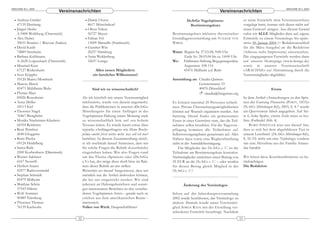 ARACHNE 9(1), 2004                                                                                                                                                                   ARACHNE 9(1), 2004
                               Vereinsnachrichten                                                                                  Vereinsnachrichten
  • Andreas Güttler                            • Damir Ulovec                                              DeArGe Vogelspinnen-                         er seine Entwürfe dem Vereinsausschuss
    47139 Duisburg                               8617 Möwchaltorf                                           Bestimmungskurs                             vorgelegt hatte, konnte sich dieser nicht auf
  • Jürgen Herke                               • Oliver Velten                                                                                          einen Entwurf einigen. Aus diesem Grund
    A-9400 Wolfsberg (Österreich)                56727 Mayen                                      Bestimmungskurs inklusive theoretischer               rufen wir ALLE Mitglieder dazu auf, eigene
  • Alex Huber                                 • Fabian Vol                                       Grund lagenvermittlung mit VOLKER VON                 Entwürfe zu einem Vereinslogo bis späte-
    39031 Brunico / Riscone (Italien)            13009 Marseille (Frankreich)                     WIRTH.                                                stens 30. Januar 2004 (= Redaktionsschluß
  • David Kasih                                • Gunther Witt                                                                                           für die März-Ausgabe) an die Redaktion
    74889 Simsheim                               20257 Hamburg                                    Wann: Beginn Sa. 27.03.04, 9:00 Uhr                   (Adresse siehe Impressum) einzureichen.
  • Barbara Kuhlmann                           • Anita Woldenberg                                       Ende So. 28.03.04 bis ca. 14:00 Uhr             Die eingegangenen Entwürfe werden dann
    A-2620 Loipersbach (Österreich)              32657 Lemgo                                      Wo: Feldmann-Stiftung Begegnungsstätte                auf unserer Homepage (www.dearge.de)
  • Maunuel Kuss                                                                                        Augustastr. 108-114                             sowie in unserer Vereinszeitschrift
    67127 Rödersheim                                  Allen neuen Mitgliedern                           45476 Mülheim a.d. Ruhr                         »ARACH NE« zur Ab stimmung durch die
  • Sven Köppler                                    ein herzliches Willkommen!                                                                          Vereinsmitglieder abgebildet.
    55120 Mainz/Mombach                                                                           Anmeldung an: Claudia Quintus
  • Marcus Marek                                                                                                Geistenstrasse 33
    45473 Mühlheim/Ruhr                             Sind wir zu wissenschatlich?                                40476 Düsseldorf                                          Errata
  • Florian Mayr                                                                                                   claudia@freigeister.org
    83026 Rosenheim                          Als ich kürzlich mit einem Vereinsmitglied                                                                 In dem Artikel »Anmerkungen zu den Spin-
  • Artur Möller                             telefonierte, wurde von diesem angemerkt,            Es können maximal 20 Personen teilneh-                nen der Gattung Phoneutria (PERTY, 1833)«
    24113 Kiel                               dass die Publikationen in unseren »DeArGe            men. Private Übernachtungsmöglichkeiten               DeArGe Mitteilungen 8(6), 2003, S. 4-7 wurde
  • Thorsten Nagel                           Mitteilungen« für einen Anfänger in der              können auf Wunsch organisiert werden. Am              ein Querverweis falsch angegeben. Auf Sei-
    76467 Bietigheim                         Vogelspinnen-Haltung seiner Meinung nach             Samstag Abend findet ein gemeinsames                  te 6, linke Spalte, zweite Zeile muss es hei-
  • Monika Nauheimer-Klaubert                zu wissenschaftlich bzw. auf »zu hohem               Essen in einer Gaststätte statt, das die Teil-        ßen: (Farbtafel Abb. 4)
    64354 Reinheim                           Niveau« wären. Es würde kaum etwas über              nehmer selbst bezahlen. Für die Tagesver-                 B ORIS S TRIFFLER wies uns darauf hin,
  • René Peinthor                            typische »Anfängerfragen« wie Meine Brachy-          pflegung kommen alle Teilnehmer auf                   dass es sich bei dem abgebildeten Tier in
    2640 Gloggnitz                           pelma smithi frisst nichts mehr, was soll ich tun?   Selbstversorgungsbasis gemeinsam auf. Alles           seinem Leserbrief (DeArGe Mitteilungen 8(6),
  • Boris Piecha                             berichtet. In diesem Zusammenhang möch-              Nähere dazu sowie eine Wegbeschreibung                S. 32-33) nicht um eine Nephelengys sondern
    69124 Heidelberg                         te ich nochmals darauf hinweisen, dass wir           steht in der Anmeldebestätigung.                      um eine Micrathena aus der Familie Aranei-
  • Søren Rafn                               für solche Fragen die Rubrik »Leserbriefe«               Für Mitglieder der DeArGe e. V. ist die           dae handelt.
    2200 Koebenhavn (Dänemark)               eingerichtet haben. Wer also Fragen rund             Teilnahme am Bestimmungskurs kostenlos.
  • Werner Salchner                          um das Thema »Spinnen« oder »DeArGe                  Nichtmitglieder entrichten einen Beitrag von          Wir bitten diese Korrekturhinweise zu be-
    6167 Neustift                            e.V.« hat, der möge diese doch bitte im Rah-         25 EUR an die DeArGe e. V. – oder werden              rücksichtigen.
  • Herbert Saurer                           men dieser Rubrik an uns stellen.                    für diesen Betrag gleich Mitglied in der              Die Redaktion
    42477 Radevormwald                       Weiterhin sei darauf hingewiesen, dass wir           DeArGe e. V.!
  • Stephan Schmidt                          natürlich nur die Artikel abdrucken können,
    45479 Mülheim                            die bei uns eingereicht werden. Wir sind
  • Matthias Schön                           jederzeit an Haltungsberichten und sonsti-                  Änderung des Vereinslogos
    37543 Hilerse                            gen interessanten Berichten zu den verschie-
  • Wolf Sommer                              denen Vogelspinnen-Arten – gerade auch zu            Schon auf der Jahreshauptversammlung
    90489 Nürnberg                           solchen aus dem amerikanischen Raum –                2002 wurde beschlossen, das Vereinslogo zu
  • Thorsten Thomas                          interessiert.                                        ändern. Damals wurde unser Vereinsmit-
    76139 Karlsruhe                          Volker von Wirth, Hauptschriftleiter                 glied S ØREN R AFN mit der Erstellung ver-
                                                                                                  schiedener Entwürfe beauftragt. Nachdem
                                        32                                                                                                         33
 