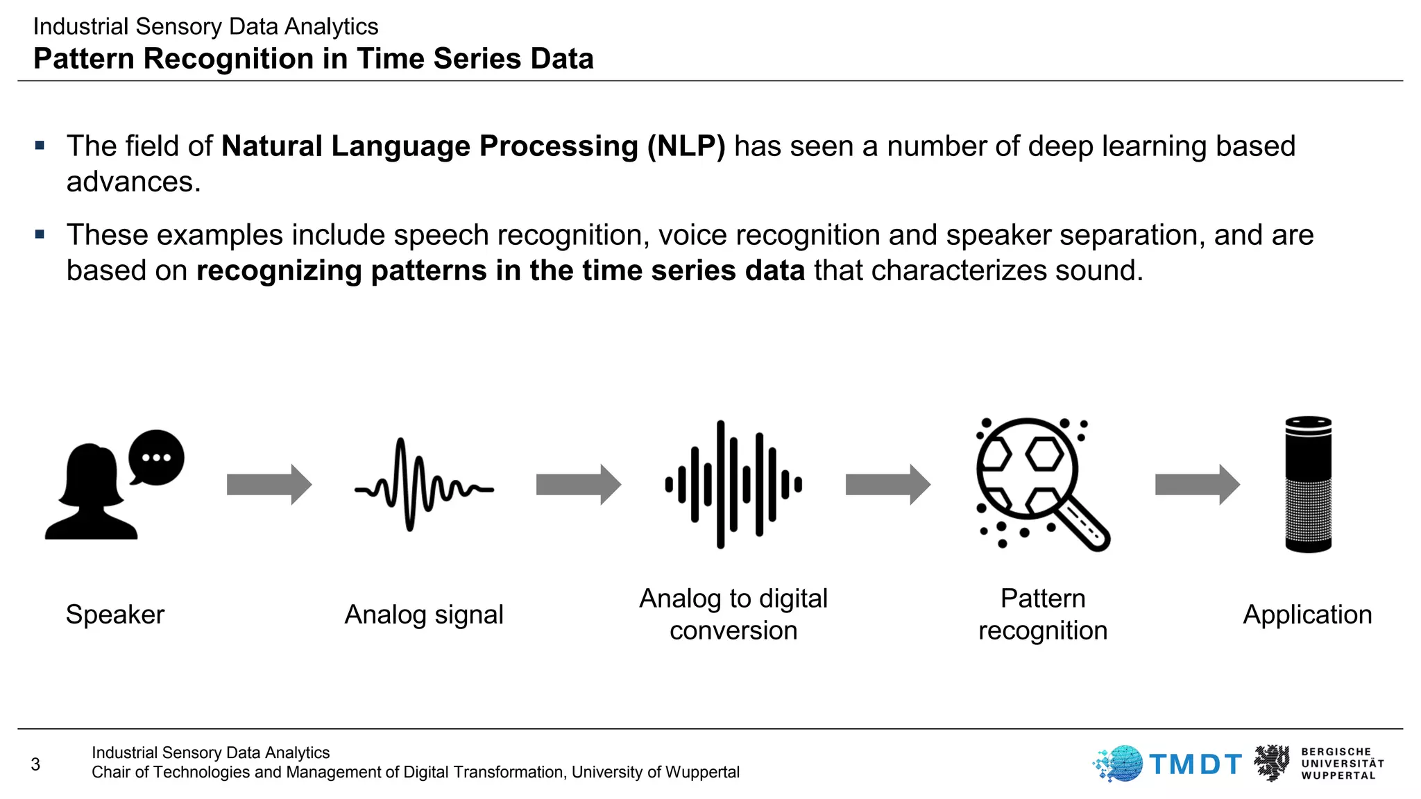3
Industrial Sensory Data Analytics
Chair of Technologies and Management of Digital Transformation, University of Wuppertal
Introduction
Industrial Sensory Data Analytics
Pattern Recognition in Time Series Data
▪ The field of Natural Language Processing (NLP) has seen a number of deep learning based
advances.
▪ These examples include speech recognition, voice recognition and speaker separation, and are
based on recognizing patterns in the time series data that characterizes sound.
Speaker Analog signal
Analog to digital
conversion
Pattern
recognition
Application
 
