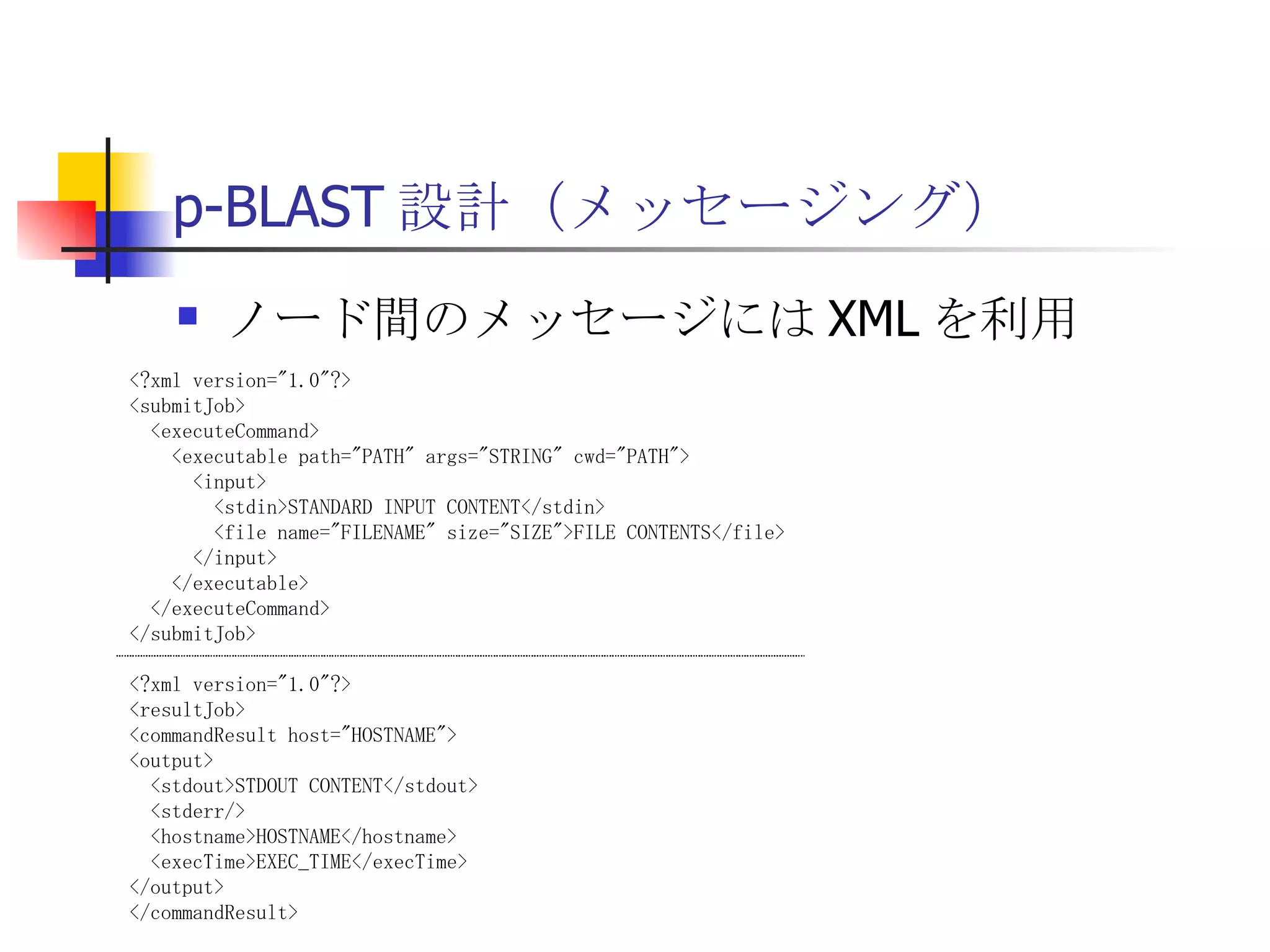 p-BLAST 設計（メッセージング） ノード間のメッセージには XML を利用 <?xml version="1.0"?> <submitJob> <executeCommand> <executable path="PATH" args="STRING" cwd="PATH"> <input> <stdin>STANDARD INPUT CONTENT</stdin> <file name="FILENAME" size="SIZE">FILE CONTENTS</file> </input> </executable> </executeCommand> </submitJob> <?xml version="1.0"?> <resultJob> <commandResult host="HOSTNAME"> <output> <stdout>STDOUT CONTENT</stdout> <stderr/> <hostname>HOSTNAME</hostname> <execTime>EXEC_TIME</execTime> </output> </commandResult> 