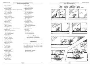 ARACHNE 9(3), 2004                                                                                           ARACHNE 9(3), 2004
                             Vereinsnachrichten                                             zum Schmunzeln
  • Jürgen Kolberg                                • Mario Ries
    53332 Bornheim                                  88447 Warthausen
  • Karin Konrad                                  • Konstantin Schaaf
    A-8081 Hlg. Kreuz/Waasen (Österreich)           94315 Straubing
  • Mario Kreling                                 • Karsten Scheich
    47178 Duisburg                                  09350 Lichtenstein
  • Thorsten Kroes                                • Arne Schlösser
    57482 Wenden                                    52068 Aachen
  • Stefan Kurtsiefer                             • Stefan Schmidthauer
    51766 Engels Kirchen                            30419 Hannover
  • Patrick Leupold                               • Daniel Theis
    91052 Erlangen                                  34132 Kassel
  • Michael Lix                                   • Alexander Tietz
    86633 Neuburg                                   40591 Düsseldorf
  • Sabine Lix                                    • Ingo Trendowicz
    86633 Neuburg                                   17034 Neubrandenburg
  • Michali Lorenzo                               • René Tänzler
    I-24060 Adrara S. Martino (Italien)             81369 München
  • Rainer Lutz                                   • Jan Voß
    89605 Altheim/Ehingen                           24114 Kiel
  • Bernd Luzecki                                 • Stefan Wiesenbacher
    88518 Herbertingen                              91578 Leutershausen
  • Sabine Mends
    10555 Berlin                                           Allen neuen Mitgliedern
  • Thomas Merten                                        ein herzliches Willkommen!
    79650 Schupfheim
  • Jörg Niemann
    60598 Frankfurt                                            Zugangsdaten
  • Mila Ould Yahoui
    24109 Kiel                                   Nachfolgend die neuen Zugangsdaten für
  • J. Passarello                                den Mitgliederbereich auf unserer Home -
    13629 Berlin                                 page www.dearge.de (Groß- und Klein -
  • Patrick Petry                                schreibung beachten):
    65183 Wiesbaden
  • Patrick Pritsch                                   Benutzername: Iracema
    63322 Rödermark                                   Kennwort: horrida
  • Robert Rahn
    32657 Lemgo
  • Conrad Ralph
    83714 Miesbach
  • Uwe Riebow
    44894 Bochum

                                            40                                                    41
 