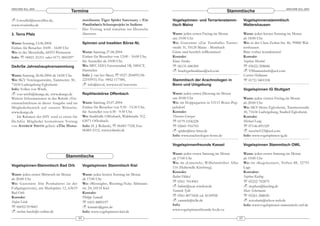 ARACHNE 9(3), 2004                                                                                                                                                      ARACHNE 9(3), 2004
                                     Termine                                                                                  Stammtische

  h.woelfel@netzoffice.de,                       mavilasum Tiger Spider Sanctuary – Ein        Vogelspinnen- und Terrarienstamm-             Vogelspinnenstammtisch
www.vivaristika.de                               Poecilotheria Schutzprojekt in Indien«        tisch Mainz                                   Waltershausen
                                                 Der Vortrag wird simultan ins Deutsche
3. Terra Pfalz                                   übersetzt.                                    Wann: jeden ersten Freitag im Monat           Wann: jeden letzten Sonntag im Monat
                                                                                               um 19:00 Uhr                                  ab 18:00 Uhr
Wann: Sonntag 13.06.2004                         Spinnen und Insekten Börse NL                 Wo: Gaststätte »Zur Turnhalle« Turner-        Wo: in der Clara-Zetkin-Str. 46, 99880 Wal-
Einlass für Besucher 10:00 - 16:00 Uhr                                                         straße 31, 55120 Mainz - Mombach              tershausen
Wo: in der Messehalle, 66953 Pirmasens           Wann: Samstag 27.06.2004                      Gäste sind herzlich willkommen!               Bitte vorher kontaktieren!
Info: ℡ 06821-21211 oder 0171-3843297            Einlass für Besucher von 12:00 - 16:00 Uhr,   Kontakt:                                      Kontakt:
                                                 für Aussteller ab 10:00 Uhr.                  Klaus Straka                                  Stephan Martini
DeArGe Jahreshauptversammlung                    Wo: MFC H2O, Groenendaal 1B, 3481CT,          ℡ 06131-686304                                ℡ 03622/208686
                                                 Harmelen                                          brachypelmaklaus@aol.com                      VSStammtisch@aol.com
Wann: Samstag 26.06.2004 ab 14:00 Uhr.           Info: J. van het Meer, ℡ 0527-204495/06-                                                    Carsten Hellmann
Wo: SKV Vereinsgaststätte, Tammerstr. 30,        22103933, Fax 0842-117580,                    Stammtisch der Arachnologen in                ℡ 0172/3401558
71634 Ludwigsburg-Eglosheim                          info@ter.nl, www.ter.nl/terevents         Bonn und Umgebung
Info: Volker von Wirth,                                                                                                                      Vogelspinnen IG Stuttgart
   von-wirth@dearge.de, www.dearge.de            Reptilienbörse Offenbach                      Wann: jeden ersten Dienstag im Monat
Weitere Informationen in der Rubrik »Ver-                                                      um 20:00 Uhr                                  Wann: jeden vierten Freitag im Monat
einsnachrichten« in dieser Ausgabe und im        Wann: Samstag 25.07.2004                      Wo: im Hoppegarten in 53115 Bonn-Pop-         ab 20:00 Uhr
Mitgliederbereich auf unserer Webseite:          Einlass für Besucher von 9:30 - 15:30 Uhr,    pelsdorf.                                     Wo: SKV-Heim Eglosheim, Tammerstraße
www.dearge.de                                    für Aussteller von 6:30 - 9:30 Uhr.           Kontakt:                                      30, 71634 Ludwigsburg, Stadteil Eglosheim
    Im Rahmen der JHV wird es einen für          Wo: Stadthalle Offenbach, Waldstraße 312,     Thorsten Gurzan                               Kontakt:
DeArGe Mitglieder kos tenlosen Vortrag           63071 Offenbach.                              ℡ 0179-5106228                                Michael Lang
von ANDREW SMITH geben: »The Hanu-               Info: H. J. Rolinski, ℡ 06483-7528, Fax:      ℡ 02641-916703                                ℡ 07146-891529
                                                 06483-2112, www.rolinski.de                       spider@itsy-bitsy.de                          nuschel123@aol.com
                                                                                               Info: www.arachnologen-bonn.de                Info: www.vogelspinnen-ig.de

                                                                                               Vogelspinnenfreunde Kassel                    Vogelspinnen Stammtisch OWL

                                                                                               Wann: jeden ersten Samstag im Monat           Wann: jeden ersten Samstag im Monat
                                 Stammtische                                                   ab 17:00 Uhr                                  ab 19:00 Uhr
                                                                                               Wo: im »Limerick«, Wilhelmshöher Allee        Wo: im »Kegelcenter«, Triften 88, 32791
Vogelspinnen-Stammtisch Bad Orb                  Vogelspinnen Stammtisch Kiel                  116 (Haltestelle Kirchweg).                   Lage
                                                                                               Kontakt:                                      Kontakte:
Wann: jeden ersten Mittwoch im Monat             Wann: jeden letzten Sonntag im Monat
                                                                                               Balint Földesi                                Stephen Keeling
ab 20:00 Uhr                                     ab 17:00 Uhr
                                                                                               ℡ 0561-7014961                                ℡ 05232-702879
Wo: Gaststätte Alte Posthalterei (in der         Wo: »Westsight«, Westring/Ecke Ahlmann-
Fußgängerzone), am Marktplatz 12, 63619          str. 24, 24118 Kiel                               balint@rear-window.de                         stephen@keeling.de
                                                                                               Yannick Tylle                                 Marc Schormann
Bad Orb                                          Kontakt:
Kontakt:                                         Philipp Samadi                                ℡ 0561-8075426 od. 8150958                    ℡ 05261-288650
Stefan Lück                                      ℡ 0431-8885197                                    yannick@tylle.de                              avicularia@teleos-web.de
                                                                                               Info:                                         Info: www.vogelspinnen-stammtisch-owl.de
℡ 06052-919843                                        kumalo@gmx.de
                                                                                               www.vogelspinnenfreunde-ks.de.vu
    stefan-lueck@t-online.de                     Info: www.vogelspinnen-kiel.de
                                            44                                                                                          45
 