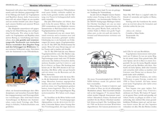 ARACHNE 9(4), 2004                                                                                                                                                                     ARACHNE 9(4), 2004
                                     Vereine informieren                                                                            Vereine informieren
Stammtisch will neben dem Erfahrungsaus-                Durch eine informierte Öffentlichkeit        bei den Besuchern fand. Es war ein gelunge-         SUMMARY
tausch auch der direkten, gegenseitigen Hil-        wird unser Hobby vielleicht endlich ins          ner Ausklang der Veranstaltung.
fe bei Haltung und Zucht von Vogelspinnen           rech te Licht gerückt werden und die Hal-            Im Juli wird ein Mitglied unseres Stamm-        Since May 2003 there is a regular's table for
und Reptilien dienen. Jeder Interessierte           tung von Tieren in Gefangenschaft nicht          tisches einen Vortrag zu dem Thema »Vo-             friends of tarantulas and reptiles in Mainz,
kann sich mit seinen Fragen an uns wenden           mehr verteufelt.                                 gelspinnen – ein faszinierendes Hobby« bei          Germany.
und wir werden bemüht sein, diese Fragen                Das Jahr 2004 brachte viel Arbeit, aber      der DGHT-Stadtgruppe Büdingen halten.                   Starting with the foundation the article
nach unseren Kräften und unserem Wissen             auch Lohn für unsere Mühen. Am 8. Mai            Im Oktober beteiligen wir uns an einer              gives an overview about the formation and
zu beantworten.                                     2004 veranstalteten zwei Mitglieder unseres      Großausstellung eines Aquarienvereins, die          activities within the last year.
    Die Mitglieder unterstützen sich gegen-         Stammtisches in Bad Kreuznach eine erste         über eine ganze Woche läuft, und im No -
seitig bei der Durchführung einer erfolgrei-        Vogelspinnenbörse mit Erfolg.                    vem ber findet in Mainz eine große Vogel-              Adresse der Autoren
chen Nachzucht. Wir sehen in der Nach-                  Der Stammtisch war mit einem Info -          schau statt, zu der wir auch mit einem In -            Cornelia u. Klaus Straka
zucht von Vogelspinnen und Reptilien einen          stand vertreten und es konnten neue und          fostand und Schauterrarien vertreten sein              Turnerstraße 10a
aktiven Beitrag zu Arterhaltung und Arten-          interessante Kontakte geknüpft werden.           werden.                                                55120 Mainz
schutz, denn eine gezielte und verantwor-           Gleichzeitig war es ein Sammeln von Erfah-
tungsvolle Nachzucht von exotischen                 rungen für unsere eigene »Vogelspinnenbör-
Tieren vermindert den illegalen Fang                se« am 29. Mai 2004. Die Werbetrommel für
und den Schmuggel von Wildtieren. Ei-               unsere Börse lief einen Monat lang auf vol-
nen weiteren Teilbereich seiner Aktivitäten         len Touren und es machte sich bezahlt.
sieht der Stammtisch in der Öffentlichkeits-            Am 29. Mai 2004 fand die erste Mainzer                                                           auch CDs. So viel zum Beruflichen.
                                                    Vogelspinnenbörse statt. Die Medien zeig-                                                                Vogelspinnen interessieren mich prak-
                                                    ten großes Interesse. Neben den örtlichen                                                            tisch seit 35 Jahren. Es war ein weiter Weg,
                                                    Tageszeitungen waren auch zwei TV-Sender                                                             bis ich meine ersten Tiere gekauft habe. Die
                                                    anwesend. Das Südwest Fernsehen drehte                                                               erste Spinne sah ich in Bern in einem Zoo-
                                                    mehrere Stunden auch bei C ORNELIA und                                                               geschäft. Sie war für meine Begriffe damals
                                                    KLAUS STRAKA zu Hause. Die Sendung kam                                                               sehr groß und der Behälter sehr klein. Also
                                                    bereits am 30. Mai 2004 abends in der Lan-                                                           kaufte ich keine Spinne, dafür aber Literatur
                                                    desschau. Die Börse selbst war gut besucht                                                           und versuchte mich schlau zu machen (viel
                                                    und wir waren von der Resonanz auf die                                                               Literatur zum Thema war zu diesem Zeit-
                                                    Börse überrascht.                                                                                    punkt leider nicht erhältlich).
                                                        Dies war bestimmt nicht die letzte Bör-                                                              In den nächsten 20 Jahren, mit vielen
                                                    se, die der Stammtisch veranstaltet hat. Viele   Als neues Vorstandsmitglied der ARACH-              Töfftouren in ganz Europa, wurden wir
                                                    junge Menschen konnten angesprochen              NIDA Schweiz wurde ich gebeten mich                 1990 in Thun sesshaft. Ich hatte immer
 Vortrag im Anschluss an die Börse                  werden, aber auch ältere Herrschaften, die       kurz vorzustellen.                                  noch keine Vogelspinne aber dafür etwas
 Foto: Klaus Straka                                 noch nie etwas von Vogelspinnen gesehen              Mein Name ist ANDREAS CHRISTEN und              mehr Literatur.
                                                    hatten, waren begeistert. Dies ist ein An -      ich wohne in Thun, wo ich als selbständiger             Nun begann eine ganz andere Zeit.
arbeit, um Sensationsmeldungen über »Mör-           sporn für uns auf dem eingeschlagenen Weg        Musiklehrer arbeite. Mein Geschäft befindet         Zusammen mit meiner Frau V ERONIKA
derspinnen« und menschen-fressende Repti-           weiterzumachen. Wir haben noch einiges           sich an der Länggasse 27. In unserer Musik-         züchteten wir Fische. Wir hatten 45 Aquari-
lien entgegenzutreten und Horrorgeschich-           vor.                                             schule werden folgende Instrumente unter-           en im ganzen Haus verteilt und gewaltig viel
ten vorzubeugen. Dies wird durch kleine                 Im Anschluss an die Börse hielten noch       richtet: Akkordeon, Gitarre, Keyboard und           Arbeit, Fische zu pflegen ist nicht so zeit-
Aus stellungen im Rahmen des Stammti-               zwei Mitglieder der Forschungsgruppe             natürlich für das Berner Oberland unerläss-         aufwendig, aber züchten! Die ersten gesund-
sches, sowie durch Vorträge oder Work -             »Spinnenblut« von der »JOHANNES GUTEN-           lich Schwyzerörgeli. Die Ausbildung habe            heitlichen Probleme traten auf und wir mus-
shops in Schulen, Volkshochschulen usw.             BERG Universität Mainz« einen Vortrag über       ich 1968 am Konservatorium Winterthur               sten kürzer treten. Bis auf drei Aquarien
geschehen.                                          ihre Forschungsarbeit, der reges Interesse       abgeschlossen. Seit kurzem produzieren wir          verkauften wir alles. Die drei Becken werden
                                               36                                                                                                   37
 