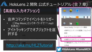 http://aka.ms/HL2Tutorial
【高度な入力オプション】
• 音声コマンドでイベントをトリガー
• （「Play Music」というキーワードで ~~.mp3
を再生）
• アイトラッキングでオブジェクトを選
択する
HoloLens 2 開発 公式チュートリアル (全 7 章)
 