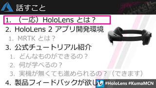 1. （一応）HoloLens とは？
2. HoloLens 2 アプリ開発環境
1. MRTK とは？
3. 公式チュートリアル紹介
1. どんなものができるの？
2. 何が学べるの？
3. 実機が無くても進められるの？（できます）
4. 製品フィードバックが欲しい
話すこと
 