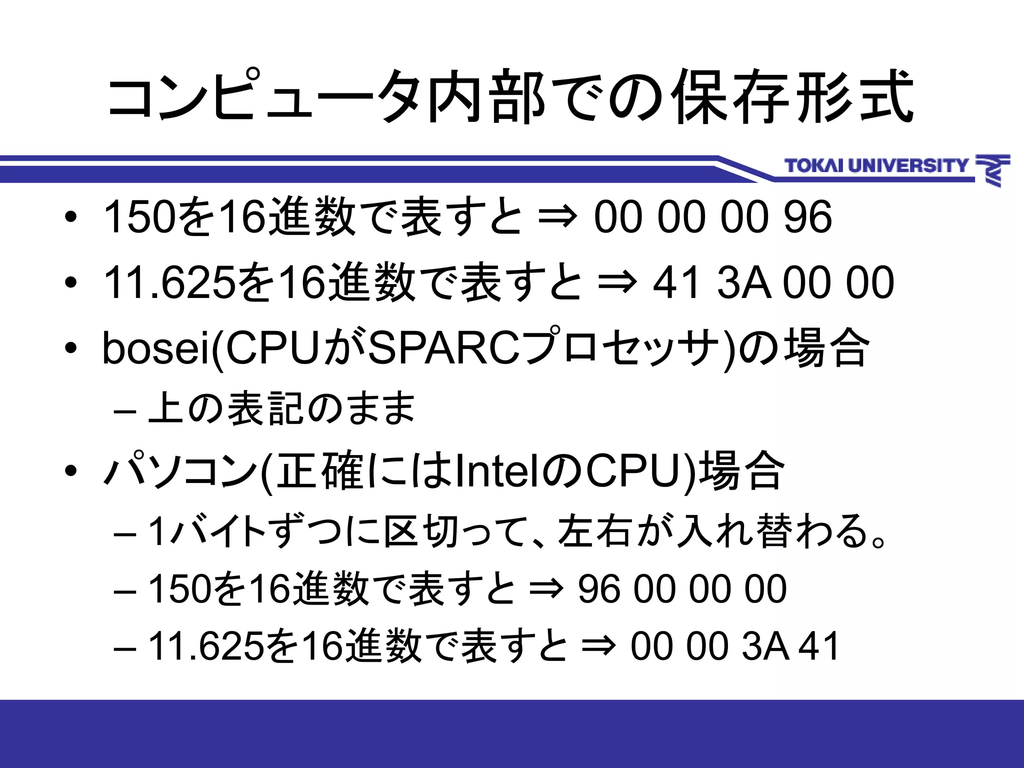 コンピュータ内部での保存形式
• 150を16進数で表すと ⇒ 00 00 00 96
• 11.625を16進数で表すと ⇒ 41 3A 00 00
• bosei(CPUがSPARCプロセッサ)の場合
– 上の表記のまま
• パソコン(正確にはIntelのCPU)場合
– 1バイトずつに区切って、左右が入れ替わる。
– 150を16進数で表すと ⇒ 96 00 00 00
– 11.625を16進数で表すと ⇒ 00 00 3A 41
 