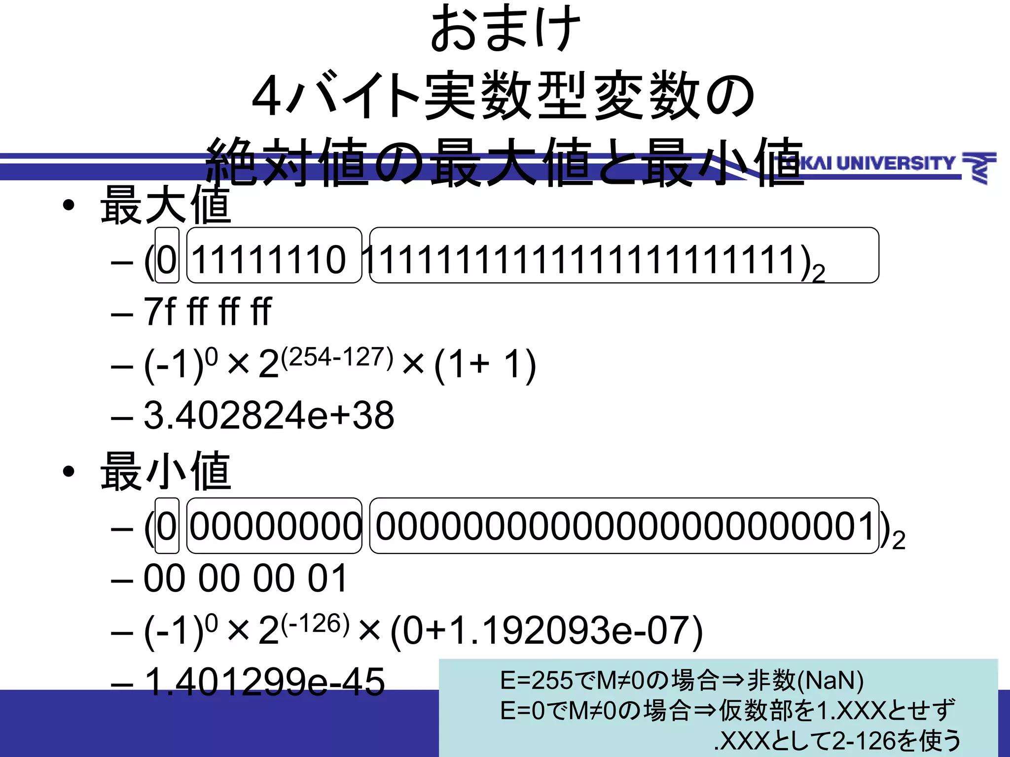 おまけ
4バイト実数型変数の
絶対値の最大値と最小値
• 最大値
– (0 11111110 11111111111111111111111)2
– 7f ff ff ff
– (-1)0×2(254-127)×(1+ 1)
– 3.402824e+38
• 最小値
– (0 00000000 00000000000000000000001)2
– 00 00 00 01
– (-1)0×2(-126)×(0+1.192093e-07)
– 1.401299e-45 E=255でM≠0の場合⇒非数(NaN)
E=0でM≠0の場合⇒仮数部を1.XXXとせず
.XXXとして2-126を使う
 