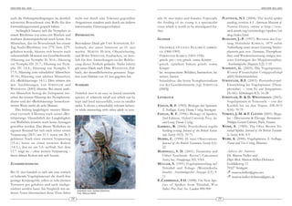 ARACHNE 9(6), 2004                                                                                                                                                                           ARACHNE 9(6), 2004



auch die Haltungsbedingungen im deutlich            nicht nur durch eine Toleranz gegenüber          nile H. incei males and females. Especially              P LATNICK , N.I. (2004): The world spider
wärmeren Brutschrank eine Rolle für den             Artgenossen sondern auch durch ein äußerst       the feeding of its young is a spectacular                    catalog, version 4.5. American Museum of
Entwicklungszustand gespielt haben.                 interessantes Fütterungsverhalten.               event which is worth to be investigated fur-                 Natural History, online at http://rese-
    Anfänglich häuten sich die Nymphen in                                                            ther.                                                        arch.amnh.org/entomology/spiders/cat
einem Rhythmus von etwa vier Wochen und             DANKSAGUNG                                                                                                    alog/index.html
wachsen dementsprechend rasch heran. Ein                                                             GLOSSAR                                                  RUDLOFF, J.-P. (1997): Revision der Gat-
Männchen, das im Brutschrank bei einem              Besonderer Dank gilt UWE SCHINDLER, Er-                                                                       tung Holothele K ARSCH , 1879 nebst
Tag-Nacht-Rhythmus von 27°C bzw. 22°C               len bach, der unser Interesse an H. incei        1
                                                                                                         FREDERICK OCTAVIUS PICKARD-CAMBRID-                      Aufstellung einer neuen Gattung Sticho-
gehalten wurde, häutete sich bereits nach           weckte. M ARTIN H UBER , Obersöchering,              GE (1860-1905)                                           plastoris gen. nov. (Araneae, Theraphosi-
siebeneinhalb Monaten zur Geschlechtsreife          und BORIS STRIFFLER, Euskirchen, sei herz-       2
                                                                                                         FERDINAND KARSCH (1853-1936)                             dae) und Wiedereinsetzung einiger wei-
(Häutung zur Nymphe II: 30.6.; Häutung              lich für ihre Anmerkungen zu der Rohfas-         3
                                                                                                         griech. pro-: vor; griech. soma: Körper                  terer Gattungen der Mygalomorphae.
zur Nymphe III: 21.7.; Häutung zur Nym-             sung dieses Artikels gedankt. Nicht zuletzt      4
                                                                                                         griech. opisthen: hinten; griech. soma:                  Arachnologisches Magazin 5(2): 1-19
phe IV: 14.8.; Häutung zur Nymphe V:                gilt unser Dank auch DIRK WEINMANN, Fell-            Körper                                               S CHMIDT, G. (2003): Die Vogelspinnen.
17.9.; Häutung zum subadulten6 Männchen:            bach, der freundlicherweise genauere Anga-       5
                                                                                                         lat. receptaculum: Behälter, Sammelort; lat.             Westarp Wissenschaften-Verlagsgesellschaft
29.10.; Häutung zum adulten Männchen,               ben zum Habitat von H. incei gegeben hat.            semen: Samen                                             mbH, Hohenwarsleben
d.h. »Reifehäutung«: 14.1.). Dies stimmt mit                                                         6
                                                                                                         Subadultus: das letzte Nymphenstadium                S TRIFFLER , B.F. (2003): Postembryonal-
den Ausführungen von S TRIFFLER und                 SUMMARY                                              vor der Geschlechtsreife (vgl. STRIFFLER                 Entwicklung bei Vogelspinnen (Thera-
WEINMANN (2003) überein. Bei einem ande-                                                                 [2003])                                                  phosidae) – vom Ei zur Jungspinne.
ren Männchen betrug die Zeitspanne zwi-             Holothele incei is an easy to breed tarantula                                                                 DeArGe Mitteilungen 8(3): 16-28
schen der letzten Häutung des Nymphensta-           species of relatively small size which can be    LITERATUR                                                STRIFFLER, B. & D. WWEINMANN (2003):
diums und der »Reifehäutung« bemerkens-             kept and bred successfully, even in smaller                                                                   Vogelspinnen in Venezuela – von der
werter Weise mehr als acht Monate.                  tanks. It shows a remarkably tolerant behavi-    FOELIX, R. F. (1992): Biologie der Spinnen.                  Karibik bis zu den Tepuis. DRACO
    Das bislang langlebigste unserer Männ-          or while interacting with other adult or juve-      2. Auflage, Georg Thieme Verlag, Stuttgart                4(16): 70-79
chen verstarb 4 Monate nach seiner »Rei-                                                             FOELIX, R. F. (1996): Biology of Spiders.                VERDEZ, J.-M. & F. CLÉTON (2001): Myga-
fehäutung«. Hinsichtlich der Langlebigkeit                                                              2nd Edition, Oxford University Press, inc.                les – Découverte & Élevage. Bornemann -
von Weibchen können noch keine Aussagen                                                                 and Georg Thieme Verlag                                   Philippe Gérard Éditions, Paris, France
getroffen werden. Das älteste Weibchen im                                                            G ABRIEL , R. (2004): Poecilotheria regalis              W EBB , A. (1989): The Olive Brown Tri-
eigenen Bestand hat sich nach seiner ersten                                                             feeding young. Journal of the British Taran-              nidad Spider. Journal of the British Tarantu-
Verpaarung (28.9.) am 31.1. sowie am 28.3.                                                              tula Society 19(3): 70-71                                 la Society 4(4): 8-9
gehäutet. Nach einer zweiten Verpaarung                                                              HOBBS , C. (1990): H. incei Observations.                WEBB, A. (2000): Vogelspinnen. 2. Auflage,
(15.4.) baute sie einen weiteren Kokon                                                                  Journal of the British Tarantula Society 6(1):            Natur und Tier-Verlag, Münster
(14.5.), den sie am 5.6. auffraß. Seit dem                                                              22
13.7. trägt sie – ohne weitere Verpaarung –                                                          M ARSHALL , S. D. (2001): Tarantulas and                     Adresse der Autoren:
ihren dritten Kokon mit sich herum.                                                                     Other Arachnids. Barron's Educational                     Dr. Marcus Heller und
                                                                                                        Series, Inc., Hauppauge, NY, USA                          Dipl. Biol. Marion Heller-Dohmen
ZUSAMMENFASSUNG                                                                                      MÜLLER, S. (1991) Vogelspinnenfang auf                       Goldtäleweg 11
                                                                                                        Trinidad und Tobago (Westindische                         70327 Stuttgart
Bei H. incei handelt es sich um eine einfach                                                            Inseln). Arachnologischer Anzeiger 2(1): 9-                  marcus.heller@gmx.net
zu haltende Vogelspinnenart die durch ihre                                                              11                                                           marion.heller-dohmen@gmx.de
geringe Körpergröße selbst in sehr kleinen                                                           P.-CAMBRIDGE, F.O. (1898): On New Spe-
Terrarien gut gehalten und auch nachge-                                                                 cies of Spiders from Trinidad, West
züchtet werden kann. Im Vergleich mit an-                                                               Indies. Proc Zool. Soc. London: 890-900
                                                     Holothele incei, adultes Weibchen
deren Arten überraschen diese Tiere dabei            Foto: Marcus Heller

                                               28                                                                                                        29
 