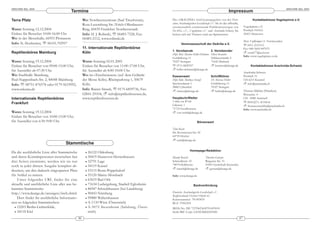 ARACHNE 9(6), 2004                                                                                                                                                                                              ARACHNE 9(6), 2004
                                         Termine                                                                                                           Impressum
Terra Pfalz                                          Wo: Nordwestzentrum (Saal Titusforum),         Die »ARACHNE« wird herausgegeben von der Deut-                                  Kontaktadresse Vogelspinne e.V.
                                                     Rosa-Luxemburg Str./Erich-Ollenhauser-         schen Arachnologischen Gessellschaft e.V. Sie ist das offizielle,
                                                                                                    zweimonatlich erscheinende Publikationsorgan von                         Vogelspinne e.V.
Wann: Sonntag 12.12.2004                             Ring, 60439 Frankfurt Nordweststadt.           DeArGe. e.V., Vogelspinne e.V. und Arachnida-Schweiz. Sie                Postfach 910163
Einlass für Besucher 10:00-16:00 Uhr                 Info: H. J. Rolinski, ℡ 06483-7528, Fax:       befasst sich mit Themen rund um Spinnentiere.                            30421 Hannover
Wo: in der Messehalle, 66953 Pirmasens               06483-2112, www.rolinski.de
                                                                                                                                                                             Marc Voßkämper (1. Vorsitzender)
Info: N. Hochreiter, ℡ 06331/92957                                                                          Vereinsausschuß der DeArGe e.V.                                  ℡ 0511-2151311
                                                     11. Internationale Reptilienbörse                                                                                       Fax: 040-3603-447075
                                                                                                    1. Vorsitzende                       2. Vorsitzender
Reptilienbörse Mainburg                              Köln                                           Dipl. Biol. Marion Heller-Dohmen     Oliver Krautter
                                                                                                                                                                                vossk77@aol.com
                                                                                                                                                                             Info: www.vogelspinne-ev.de
                                                                                                    Goldtäleweg 11                       Niklastorstraße 4
Wann: Sonntag 19.12.2004                             Wann: Sonntag 02.01.2005                       70327 Stuttgart                      71642 Marbach
Einlass für Besucher von 09:00-15:00 Uhr,            Einlass für Besucher von 11:00-17:00 Uhr,      ℡ 0711-8829557                           krautter@dearge.de                   Kontaktadresse Arachnida-Schweiz
für Aussteller ab 07:30 Uhr.                         für Aussteller ab 8:00-10:00 Uhr.                 heller-dohmen@dearge.de
                                                                                                                                                                             Arachnida Schweiz
Wo: Stadthalle Mainburg,                             Wo: im »Tanzbrunnen« (auf dem Gelände          Kassenwart                           Schriftführer                       Postfach 31
Paul-Nappenbach-Str. 2, 84048 Mainburg.              der Messe Köln), Rheinparkweg 1, 50679         Dipl.-Kfm. Markus Strauß             Dr. Marcus Heller                   CH-6213 Knutwil
Info: ℡ 08751-876578 oder 0179-5633992,              Köln.                                          Speckendamm 1                        Goldtäleweg 11                         info@arachnida.ch
                                                                                                    28865 Lilienthal                     70327 Stuttgart
www.sulcatas.de                                      Info: Rainer Straub, ℡ 0175-6859736, Fax:         strauss@dearge.de                     heller@dearge.de                Thomas Märklin (Präsident)
                                                     02841-29104,       info@reptilienboersen.de,                                                                            Wiesenstr. 4
Internationale Reptilienbörse                        www.reptilienboersen.de                        Hauptschriftleiter                                                       CH - 8580 Amriswil
Frankfurt                                                                                           Volker von Wirth                                                         ℡ 0041(0)71-4110634
                                                                                                    Lilienstr. 1                                                                thomas.maerklin@arachnida.ch
                                                                                                    71723 Großbottwar                                                        Info: www.arachnida.ch
Wann: Sonntag 19.12.2004                                                                                von-wirth@dearge.de
Einlass für Besucher von 10:00-15:00 Uhr,
für Aussteller von 6:30-9:00 Uhr.                                                                                           Börsenwart

                                                                                                    Timo Raab
                                                                                                    Dr.-Kornmesser-Str. 42
                                                                                                    64739 Höchst
                                                                                                       raab@dearge.de
                                     Stammtische
                                                                                                                     Homepage-Redaktion
Da die ausführliche Liste aller Stammtische            • 26122 Oldenburg
und deren Kontaktpersonen inzwischen fast              • 30419 Hannover-Herrenhausen                Mandy Raasch                    Thorsten Gurzan
drei Seiten einnimmt, werden wir sie nur               • 32791 Lage                                 Schmollerstr. 10                Ringener Str. 15
noch in jeder dritten Ausgabe komplett ab-             • 34119 Kassel
                                                                                                    74074 Heilbronn                 53501 Grafschaft-Karweiler
                                                                                                       raasch@dearge.de                gurzan@dearge.de
drucken, um den dadurch eingesparten Platz             • 53115 Bonn-Poppelsdorf
für Artikel zu nutzen.                                 • 55120 Mainz-Mombach                        Info: www.dearge.de
    Unter folgender URL findet ihr eine                • 63619 Bad Orb
aktuelle und ausführliche Liste aller uns be-          • 71634 Ludwigsburg, Stadteil Eglosheim                          Bankverbindung
kannten Stammtische:                                   • 86947 Schwabhausen (bei Landsberg)
http://www.dearge.de/anzeigen/tisch.shtml              • 90443 Nürnberg                             Deutsche Arachnologische Gesellschaft e.V.
                                                                                                    Raiffeisenbank Frechen+Hürth eG
    Dort findet ihr ausführliche Informatio-           • 99880 Waltershausen
                                                                                                    Kontonummer: 701493010
nen zu folgenden Stammtischen:                         • A-1110 Wien (Österreich)                   BLZ: 37062365
  • 12203 Berlin-Lichterfelde,                         • A-5072 Siezenheim (Salzburg, Öster-        IBAN-Nr.: DE 72370623650701493010
  • 24118 Kiel                                           reich)                                     Swift/BIC-Code: GENODED1FHH

                                                46                                                                                                                      47
 