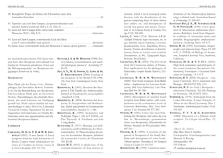 ARACHNE 9(6), 2004                                                                                                                                                                                                              ARACHNE 9(6), 2004



40. Beweglicher Finger der Schere mit 4 Körnchen unter dem                                                                                animals, which L INNÉ arranged under                      festations of the Hemiscorpius lepturus
    terminalen Körnchen . . . . . . . . . . . . . . . . . . . . . . . . . . . . . . . . . . . . . . . . . . . . . . . . . . . . .43       Insecta; with the distribution of the                     sting: a clinical study. International Journal
                                                                                                                                          genera composing three of these classes                   of Dermatology 37: 500-507.
41. Typische Leier auf dem Carapax, aus posteriorlateralen und                                                                            into orders, etc. and descriptions of                 SANTIAGO-BAY, J. A., W. SCHAWALLER &
    lateralen Kielen bestehend (Teil I, S. 25, Abb. 4) . . . . . . . . . . . . . . . . . . . . . . . . . . . . .Buthus                    several new genera and species. Transac-                  G. O. POINAR JR. (1990): A new speci-
42. Leier auf dem Carapax fehlt, meist stark verdicktes                                                                                   tions of the Linnean Society of London, Zoo-              men of Microtityus ambarensis (Scor-
    Metasoma (Teil I, Abb. S. 5) . . . . . . . . . . . . . . . . . . . . . . . . . . . . . . . . . . . . . . . . .Androctonus             logy 11(2): 306-400.                                      piones, Buthidae), fossil from Hispanio-
                                                                                                                                      L INNÉ , C. VON (1754): Museum S.R.M.                         la: evidence of taxonomic status and
43. Leier auf dem Carapax; ventrolaterale Kiele des Meta-                                                                                 Adolphi Friderici regis svecorum, etc. in                 possible biogeographic implications.
    soma V unterschiedlich stark gekörnt . . . . . . . . . . . . . . . . . . . . . . . . . . . . . . . . . .Mesobuthus                    quo animalia rariora imprimis, et exotica:                Journal of Arachnology 18(1): 115-117.
44. Keine Leier; ventrolaterale Kiele des Metasoma V nahezu gleich gekörnt . . . . .Hottentotta                                           Quadrupedia, Aves, Amphibia, Pisces,                  SISSOM, W. D. (1990): Systematics, biogeo-
                                                                                                                                          Insecta, Vermes describuntur et determi-                  graphy and paleontology. Pages 64-160
                                                                                                                                          nantur, latine et svetice cum iconibus                    in G. A. POLIS, ed. Biology of Scorpi-
                                                                                                                                          (Scorpiones, p. 84). Typographia Regia,                   ons. Stanford University Press, Stanford,
Im abschließenden dritten Teil dieser klei-                         DUNLOP, J. A. & M. WEBSTER (1999): Fos-                               Holmiae (Stockholm).                                      California.
nen Serie über Skorpione wird anhand von                               sil evidence, terrestrialization and arach-                    L OURENÇO, W. R. (2003): The first fossil                 S OLEGLAD, M. E. & V. Y. F ET. (2003):
häufig im Terrarium gehaltener Arten auf                               nid phylogeny. Journal of Arachnology 27:                          from the Cretaceous amber of France.                      High-level systematics and phylogeny of
die Haltungsansprüche von Skorpionen ein-                              86-93.                                                             New implications for the phylogeny of                     the extant scorpions (Scorpiones: Or -
gegangen (STRIFFLER in Vorb.).                                      FET, V. Y., W. D. SISSOM, G. LOWE & M.                                Chactoidea. Comptes Rendus Palevol 2: 213-                thosterni). Euscorpius – Occasional Publi-
                                                                       E. B RAUNWALDER (2000): Catalog of                                 219.                                                      cations in Scorpiology. 11: 1-175.
DANKSAGUNG                                                             the Scorpions of the World (1758-1998).                        L OURENÇO , W. R. & W. W EITSCHAFT                        STRIFFLER, B. F. (2004): Skorpione – eine
                                                                       The New York Entomological Society, New                            (2000): New fossil scorpions from Baltic                  kurze Übersicht. Teil I: Anatomie und
Mein Dank gilt der Firma b.t.b.e., Schnür-                             York.                                                              amber - implications for Cenozoic biodi-                  Biologie. ARACHNE 9(5): 4-11.
pflingen, hier besonders MARTIN THIERER-                            KRAEPELIN, K. (1891): Revision der Skor-                              versity. Mitt. Geol.-Paläont.Inst. Univ. Ham-         S TRIFFLER , B. F. (in Vorb.): Skorpione –
LUTZ für die Bereitstellung von Skorpionen.                            pione. I. Die Familie der Androctonidae.                           burg Heft 84: 247-260.                                    eine kurze Übersicht. Teil III: Haltung
Ein besonderer Dank geht an S IEGFRIED                                 Jahrbuch der Hamburgischen wissenschaftlichen                  L OURENÇO , W. R. & W. W EITSCHAFT                            im Terrarium. ARACHNE 10(1).
HUBER, Oberuhldingen, der ebenfalls Skor-                              Anstalten 8: 1-144.                                                (2001): Description of another fossil                 STØRMER, L. (1970): Arthropods from the
pione, wie auch Literatur zur Verfügung                             KRAEPELIN, K. (1894): Revision der Scor-                              scorpion from Baltic amber, with consi-                   Lower Devonian (Lower Emsian) of
gestellt hat. Nicht zuletzt möchte ich mei-                            pione. II. Scorpionidae und Bothriuri-                             derations on the evolutionary levels of                   Alken-an-der-Mosel, Germany. Part 1.
nem Kollegen CAMILO MATTONI, Universidad                               dae. Beiheft zum Jahrbuch der Hamburgischen                        Cenozoic Buthoidea. Mitt. Geol.-Palä -                    Arachnida. Senckenbergiana Lethaea 51(4):
Nacional de Córdoba, Argentinien für die um-                           wissenschaftlichen Anstalten 11: 1-248.                            ont.Inst. Univ. Hamburg 85: 277-283.                      335-369.
fangreichen Informationen zur Familie Bo-                           K RAEPELIN , K. (1899): Scorpiones und                            PETERS , W. (1861): Ueber eine neue Eint-                 T HORELL , T. T. T. & G. L INDSTRÖM
thriuridae sowie den argentinischen und chi-                           Pedipalpi. Pages 1-265 in F. DAHL, ed.                             heilung der Skorpione und ueber die von                   (1884): Discovery of a Silurian fossil
lenischen Skorpionen danken.                                           Das Tierreich. R. Friedländer und Sohn                             ihm in Mossambique gesammelten                            scor pion. The Glasgow Herald Dec. 19,
                                                                       Verlag, Berlin.                                                    Arten von Skorpionen. Monatsberichte der                  1884.
LITERATUR                                                           K UTSCHER , F. (1971): Beiträge zur Sedi-                             Berliner Akademie der Wissenschaften 1861:
                                                                       mentation und Fossilführung des Huns-                              507-516.                                                  Adresse des Autors:
CARVALHO, M. D. G. P. D. & W. R. LOU-                                  rückschiefers. 32. Palaeoscorpius devoni-                      P OCOCK , R. I. (1890): A revision of the                     Dipl. Biol. Boris F. Striffler
  RENÇO (2001): A new family of fossil                                 cus, ein devonischer Skorpion. Jahrbücher                          genera of Scorpions of the family But-                    Zoologisches Forschungsinstitut und
  scorpions from the Early Cretaceous of                               des nassauischen Vereines für Naturkunde                           hidae with descriptions of some South-                    Museum A. Koenig
  Brazil. Comptes rendus hebdomadaires des                             101: 82-88.                                                        African species. Proceedings of the Zoological            Adenauerallee 160
  séances de l'Académie des Sciences, Sciences de                   LEACH, W. E. (1815): A tabular view of the                            Society of London 10: 114-141.                            53113 Bonn
  la Terre et des plantes 332: 711-716.                                external characters of four classes of                         RADMANESH, M. (1998): Cutaneous mani-                            striffler.zfmk@uni-bonn.de
                                                               16                                                                                                                          17
 