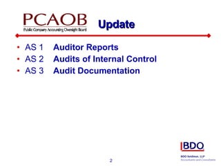 AS 1  Auditor Reports AS 2  Audits of Internal Control AS 3  Audit Documentation Update 