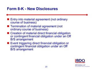 Form 8-K - New Disclosures Entry into material agreement (not ordinary course of business) Termination of material agreement (not ordinary course of business) Creation of material direct financial obligation or contingent financial obligation under an Off B/S arrangement Event triggering direct financial obligation or contingent financial obligation under an Off B/S arrangement 