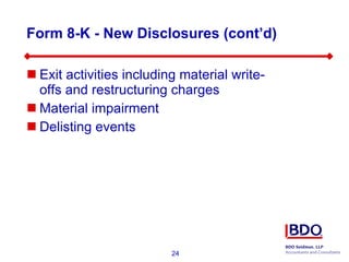 Form 8-K - New Disclosures (cont’d) Exit activities including material write-offs and restructuring charges Material impairment Delisting events 