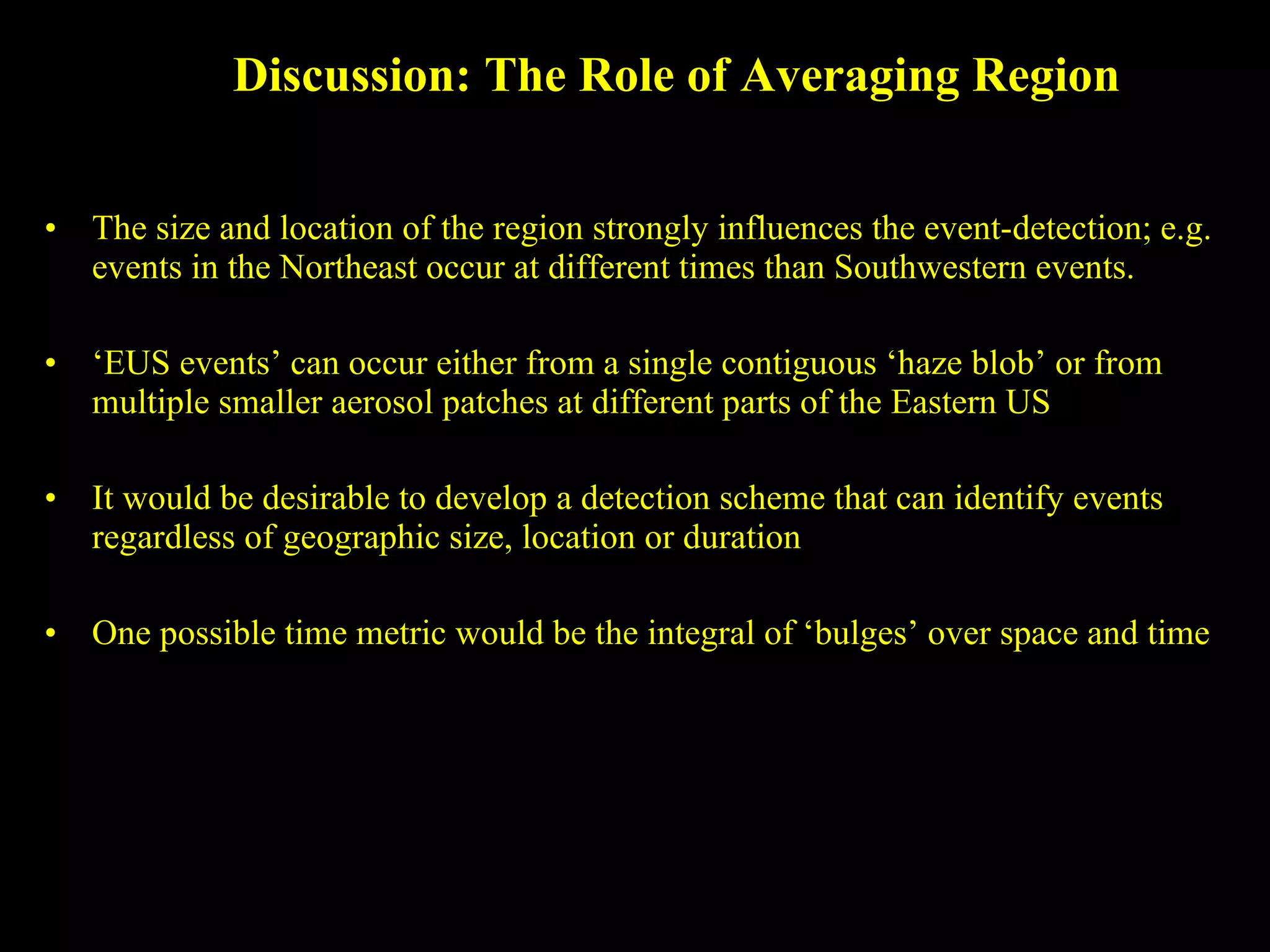 Discussion: The Role of Averaging Region  The size and location of the region strongly influences the event-detection; e.g. events in the Northeast occur at different times than Southwestern events.  ‘ EUS events’ can occur either from a single contiguous ‘haze blob’ or from multiple smaller aerosol patches at different parts of the Eastern US It would be desirable to develop a detection scheme that can identify events regardless of geographic size, location or duration One possible time metric would be the integral of ‘bulges’ over space and time 