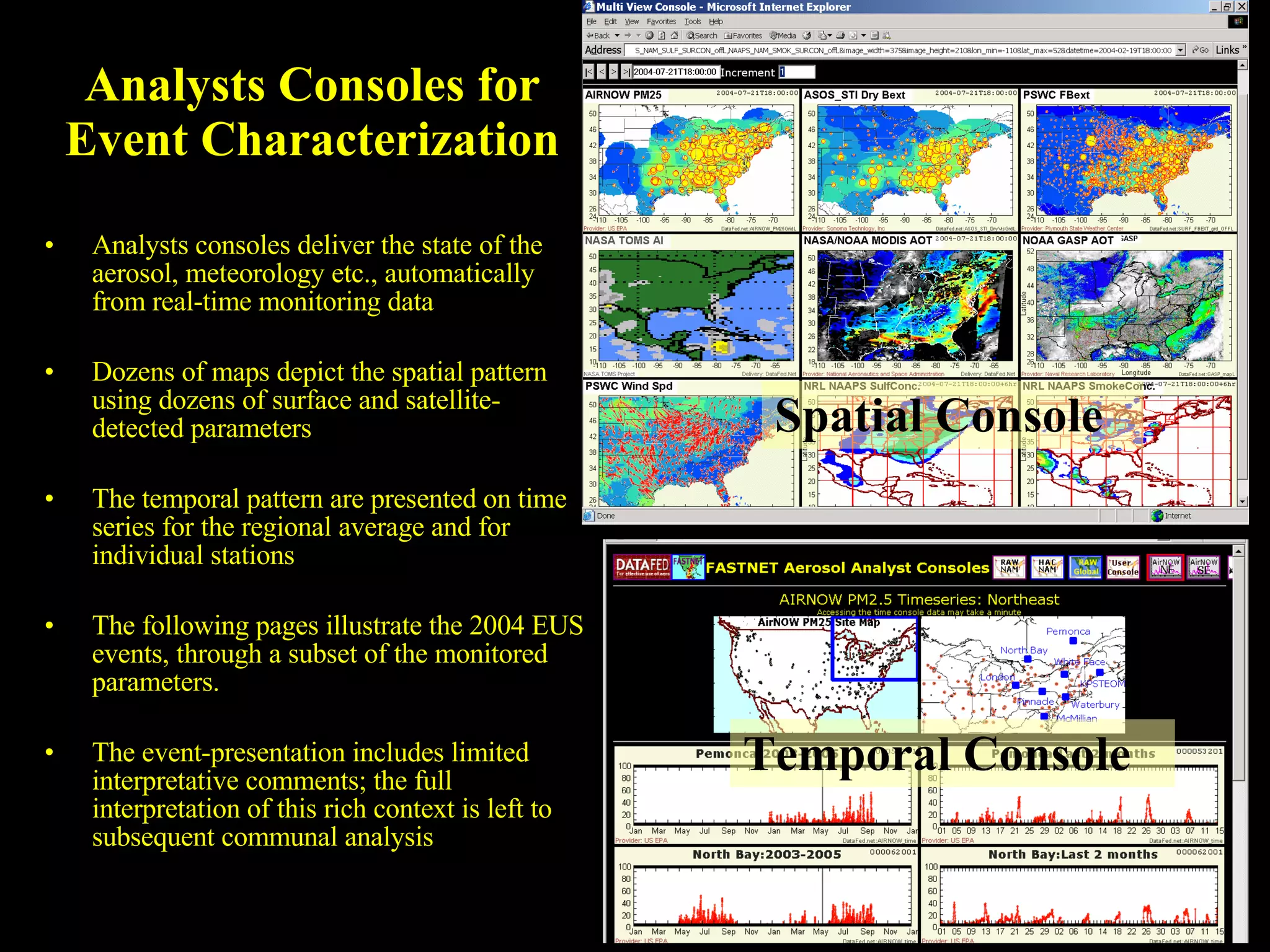 Analysts Consoles for Event Characterization Analysts consoles deliver the state of the aerosol, meteorology etc., automatically from real-time monitoring data  Dozens of maps depict the spatial pattern using dozens of surface and satellite-detected parameters The temporal pattern are presented on time series for the regional average and for individual stations  The following pages illustrate the 2004 EUS events, through a subset of the monitored parameters.  The event-presentation includes limited interpretative comments; the full interpretation of this rich context is left to subsequent communal analysis Spatial Console Temporal Console 