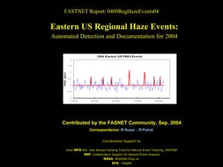 FASTNET Report: 0409RegHazeEvents04 Eastern US Regional Haze Events: Automated Detection and Documentation for 2004 Contributed by the FASNET Community, Sep. 2004 Correspondence:  R Husar  ,  R  Poirot   Coordination Support by Inter- RPO  WG  Fast Aerosol Sensing Tools for Natural Event Tracking, FASTNET NSF   Collaboration Support for Aerosol Event Analysis NASA   REASON Coop on  EPA  - OAQPS AIRNOW PM25 - February 