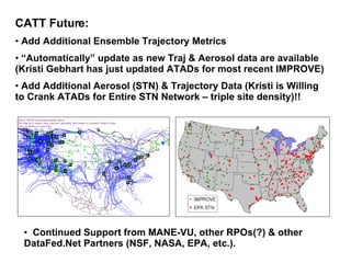 CATT Future: Add Additional Ensemble Trajectory Metrics “ Automatically” update as new Traj & Aerosol data are available (Kristi Gebhart has just updated ATADs for most recent IMPROVE) Add Additional Aerosol (STN) & Trajectory Data (Kristi is Willing to Crank ATADs for Entire STN Network – triple site density)!! Continued Support from MANE-VU, other RPOs(?) & other DataFed.Net Partners (NSF, NASA, EPA, etc.). 