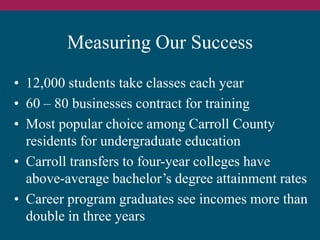 Measuring Our Success 
• 12,000 students take classes each year 
• 60 – 80 businesses contract for training 
• Most popula...