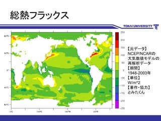 総熱フラックス
【元データ】
NCEP/NCARの
大気数値モデルの
再解析データ
【期間】
1948-2003年
【単位】
W/m^2
【著作・協力】
とみたくん
 