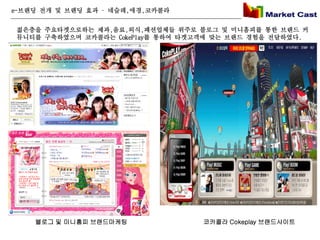 e-브랜딩 전개 및 브랜딩 효과 – 네슬레,애경,코카콜라


 젊은층을 주요타겟으로하는 제과,음료,외식,패션업체들 위주로 블로그 및 미니홈피를 통한 브랜드 커
 뮤니티를 구축하였으며 코카콜라는 CokePlay를 통하여 타겟고객에 맞는 브랜드 경험을 전달하였다.




    블로그 및 미니홈피 브랜드마케팅               코카콜라 Cokeplay 브랜드사이트
 
