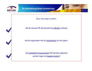 4
De allerbelangrijkste boodschap:
...maar hangt af van een efficiente ondersteuning van managers en employees
door HR medewerkers
...en van het begrip voor en acceptatie van de veranderingen in de organisatie en
de processen
...en van de kwaliteit van de HR dienstverlening tegen de laagste kosten
Succes in Shared Services wordt niet bereikt door toepassing van een
geavanceerd HR Dienstverleningsconcept of de “Look & Feel” van self
service of Service Level Agreements met de business...
Dus, hoe zorgt u ervoor:
dat de nieuwe HR dienstverlening efficiënt verloopt
dat de organisatie met de verandering om kan gaan,
dat kwalitatief hoogwaardige HR diensten geleverd
worden tegen de laagste kosten?
 
