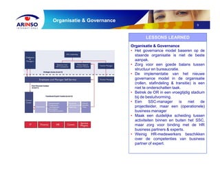9
Organisatie & Governance
Organisatie & Governance
• Het governance model baseren op de
staande organisatie is niet de beste
aanpak.
• Zorg voor een goede balans tussen
structuur en bureaucratie.
• De implementatie van het nieuwe
governance model in de organisatie
(rollen, stafindeling & transitie) is een
niet te onderschatten taak.
• Betrek de OR in een vroegtijdig stadium
bij de besluitvorming.
• Een SSC-manager is niet de
projectleider, maar een (operationele)
business manager
• Maak een duidelijke scheiding tussen
activiteiten binnen en buiten het SSC,
maar zorg voor binding met de HR
business partners & experts.
• Weinig HR-medewerkers beschikken
over de competenties van business
partner of expert.
LESSONS LEARNED
 