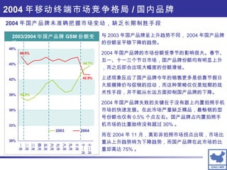 与 2003 年国产品牌呈上升趋势不同， 2004 年国产品牌的份额呈平稳下降的趋势。 2004 年国产品牌的市场份额受季节的影响很大。春节、五一、十一三个节日市场，国产品牌份额均有明显上升，而之后即会出现大幅度的份额滑坡。 上述现象反应了国产品牌今年的销售更多是依靠节假日大规模降价与促销的拉动，而这种策略仅仅是短期的战术性手段，并不能从长远方面抑制国产品牌的下降。 2004 年国产品牌失败的关键在于没有跟上内置拍照手机市场的快速发展。在此市场严重缺乏精品，最畅销的型号份额也仅有 0.5% 个点左右。国产品牌占内置拍照手机市场的比重始终没有超过 30% 。 而在 2004 年 11 月，真彩非拍照市场拐点出现，市场比重从上升趋势转为下降趋势，而国产品牌在此市场的比重却高达 75% 。 2004 年国产品牌未准确把握市场变动，缺乏长期制胜手段 2003/2004 年国产品牌 GSM 份额变动 2004 年移动终端市场竞争格局 / 国内品牌 