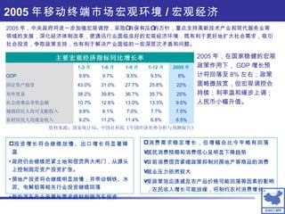 2005 年移动终端市场宏观环境 / 宏观经济 2005 年，在国家稳健的宏观政策作用下， GDP 增长预计将回落至 8% 左右；政策面略微放宽，但宏观调控会持续；利率温和缓步上调；人民币小幅升值。 资料来源：国家统计局，中国社科院《中国经济形势分析与预测报告》 投资增长将会继续放慢、出口增长将显著降温 政府仍会继续把紧土地和信贷两大闸门，从源头上控制固定资产投资扩张。 房地产投资将会继续明显放慢，并带动钢铁、水泥、电解铝等相关行业投资继续回落 新的汽车产业政策与需求疲软削弱汽车投资 消费需求稳定增长，但增幅会比今年略有回落 居民消费预期和消费信心呈明显下降趋势 目前消费信贷紧缩政策抑制对房地产等商品的消费 就业压力依然较大 受政策效应递减及农产品价格可能回落等因素的影响，农民收入增长可能放缓，将制约农村消费增长。 2005 年，中央政府将进一步加强宏观调控，采取“有保有压”的方针，重点支持高新技术产业和现代服务业等领域的发展，深化经济体制改革，使通讯行业面临良好的宏观经济环境．既有利于更好地扩大社会需求，吸引社会投资，争取政策支持，也有利于解决产业面临的一些深层次矛盾和问题。  主要宏观经济指标同比增长率 6.5% 6.8% 11.4% 11.2% 9.2% 农村居民人均现金收入 7.5% 7.7% 7.0% 8.1% 9.8% 城镇居民人均可支配收入 9.5% 13.3% 13.0% 12.8% 10.7% 社会消费品零售总额 25% 35.7% 36.7% 39.8% 38.2% 对外贸易 22% 25.8% 27.7% 31.0% 43.0% 固定资产投资 8% 9.5% 9.5% 9.7% 9.8% GDP 2005 年 1-12 月 1-9 月 1-6 月 1-3 月 