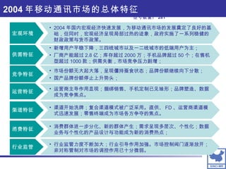 2004 年移动通讯市场的总体特征 国产份额： 23.4% 型号数量： 281 竞争特征 供需特征 渠道特征 运营特征 行业监管 消费特征 新增用户平稳下降，三四线城市以及一二线城市的低端用户为主； 厂商产能超过 2.8 亿；库存超过 2000 万；手机品牌超过 50 个；在售机型超过 1000 款；供需失衡，市场竞争压力剧增； 市场份额无大起大落，呈现僵持蚕食状态；品牌份额继续向下分散； 国产品牌份额停止上升势头； 运营商主导作用显现；捆绑销售、手机定制已见雏形；品牌塑造、数据成为竞争焦点。 渠道开始洗牌；复合渠道模式被广泛采用。直供、 FD 、运营商渠道模式迅速发展；零售终端成为市场各方争夺的焦点。 消费群体进一步分化、新的群体产生；需求呈现多层次、个性化；数据业务与个性化的产品设计与功能成为新的消费热点； 行业监管力度不断加大；行业引导作用加强。市场控制阀门逐渐放开；非对称管制对市场的调控作用已十分微弱。 宏观环境 2004 年国内宏观经济快速发展，为移动通讯市场的发展奠定了良好的基础，但同时，宏观经济呈现局部过热的迹象，政府实施了一系列稳健的财政政策与货币政策。 