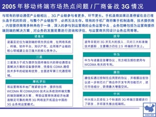 2005 年移动终端市场热点问题 / 厂商备战 3G 情况 与现有的移动通信产业链相比， 3G 产业链参与者更多、环节更长。手机造商如果还是停留在自己埋头造手机的阶段，与整个产业链脱节，必然无法生存。现有的手机厂商将集手机制造商、技术提供商、内容提供商等多种角色于一体，深入的参与到运营商的业务运营中去，业务范畴包括为运营商提供端到端的解决方案，对业务的发展前景进行咨询和评估、与运营商共同设计业务应用等等。 康佳拟通过控制住应用层的协议，并根据这些协议进一步和芯片厂商合作开发专用功能芯片，进行市场细分，获得最大增值空间。   康佳 三星 三星致力于成为提供包括终端在内的移动通信全面解决方案的设备提供商，凭借在 CDMA 通信技术多年的经验和优势，全面进军第三代通信领域。 波导 波导目前对 3G 并无大的投入，只对三大标准做技术跟踪，主要精力仍在 2.5  终端的开发上。 华为 华为与诺基亚签署协议，双方相互授权使用与 WCDMA 有关的专利。  诺基亚 诺基亚定位为端到端的领先供应商，在网络系统、终端、软件平台、知识产权、应用等产业链的核心领域建立自己强大的核心竞争力。  摩托罗拉 和运营商和本地厂商紧密合作，提供包括 WCDMA 和 CDMA2000 技术从系统到终端完整的端到端解决方案， 帮助运营商快速经济地建造稳定可靠的商用 3G 网络並开拓适合中国的 3G 业务和运营模式。  中兴投入巨资在 3 个标准的 3G 终端方面都进行了研发，并将首先推出低端机。 中兴 