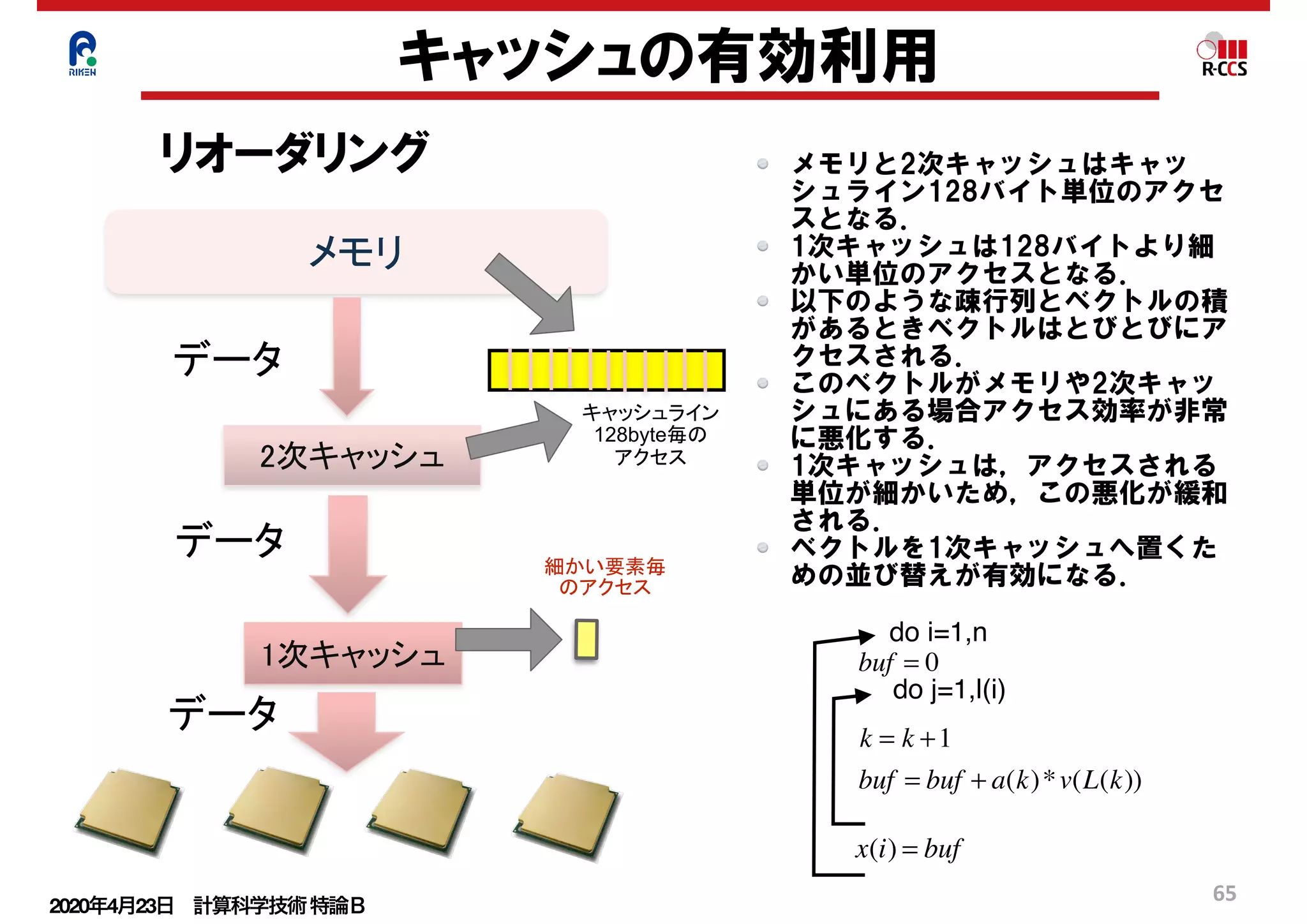 2020年4月23日 計算科学技術特論Ｂ 
65
キャッシュの有効利用
リオーダリング
メモリ
データ
2次キャッシュ
1次キャッシュ
データ
データ
細かい要素毎
のアクセス
キャッシュライン
128byte毎の
アクセス
メモリと2次キャッシュはキャッ
シュライン128バイト単位のアクセ
スとなる．
1次キャッシュは128バイトより細
かい単位のアクセスとなる．
以下のような疎行列とベクトルの積
があるときベクトルはとびとびにア
クセスされる．
このベクトルがメモリや2次キャッ
シュにある場合アクセス効率が非常
に悪化する．
1次キャッシュは，アクセスされる
単位が細かいため，この悪化が緩和
される．
ベクトルを1次キャッシュへ置くた
めの並び替えが有効になる．
do i=1,n
do j=1,l(i)
k = k +1
buf = buf + a(k)*v(L(k))
x(i) = buf
buf = 0
 