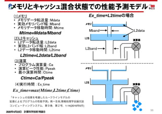 2020年4月23日 計算科学技術特論Ｂ 
39
メモリとキャッシュ混合状態での性能予測モデル
s s
A+
A+
A+
BSPbP% B P]SO_TP % A+SPbP A+ P]SO_TP 9P
E_TP y s
ww BbX T A+ s
ww A+bX T 9bX T t
y
Mtime=Mdata/Mband_peak
L2time=L2data/L2band_peak
Ctime=Ca/Ppeak
× * × + × ,
BbX T A+bX T 9bX T
fObX T 9_
Ex_time=max(Mtime,L2time,Ctime)
Cp= Ca/(max(Mtime,L2time,Ctime)*Ppeak)
BbX T6A+bX T r x A+ x u z r
Ex_time=L2timeの場合
L2dataMband
L2band
(1)メモリ
• メモリデータ転送量：Mdata
• 実効メモリバンド幅：Mband
• メモリデータ移動時間：Mtime
(2)L2キャッシュ
• L2データ転送量：L2data　
• 実効L2バンド幅：L2band
• L2データ移動時間：L2time
(3)演算
• プログラム演算量：Ca
• 演算ピーク性能：Ppeak
• 最小演算時間：Ctime
「キャッシュの効果を考慮したルーフラインモデルの
拡張によるプログラムの性能予測」南一生他,情報処理学会論文誌 
コンピューティングシステム，第９巻，第２号，1-14(2016年6月)
Mtime=Mdata/Mband
Ctime=Ca/Ppeak
L2time=L2data/L2band
(4)実行時間 : Ex_time
 