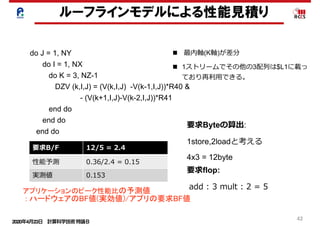 2020年4月23日 計算科学技術特論Ｂ 
42
do J = 1, NY
do I = 1, NX
do K = 3, NZ-1
DZV (k,I,J) = (V(k,I,J) -V(k-1,I,J))*R40 &
- (V(k+1,I,J)-V(k-2,I,J))*R41
end do
end do
end do
ルーフラインモデルによる性能見積り
n 最内軸(K軸)が差分
n 1ストリームでその他の3配列は$L1に載っ
ており再利⽤できる。
要求flop:
add : 3 mult : 2 = 5
要求B/F 12/5 = 2.4
性能予測 0.36/2.4 = 0.15
実測値 0.153
要求Byteの算出:
1store,2loadと考える
4x3 = 12byte
アプリケーションのピーク性能比の予測値
: ハードウェアのBF値(実効値)/アプリの要求BF値
 