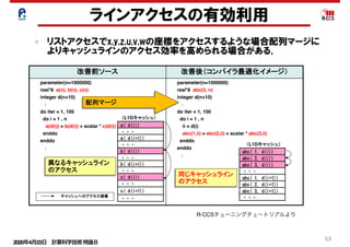 2020年4月23日 計算科学技術特論Ｂ 
53
ラインアクセスの有効利用
リストアクセスでx,y,z,u,v,wの座標をアクセスするような場合配列マージに
よりキャッシュラインのアクセス効率を高められる場合がある．
103
配列マージとは
配列マージとは、同一ループ内でアクセスパターンが共通の配列が複数ある
場合、１個の配列に融合することです。データアクセスを連続化して、キャッ
シュ効率を向上させます。
改善前ソース 改善後（コンパイラ最適化イメージ）
parameter(n=1000000)
real*8 a(n), b(n), c(n)
integer d(n+10)
：
do iter = 1, 100
do i = 1 , n
a(d(i)) = b(d(i)) + scalar * c(d(i))
enddo
enddo
：
parameter(n=1000000)
real*8 abc(3, n)
integer d(n+10)
：
do iter = 1, 100
do i = 1 , n
ii = d(i)
abc(1,ii) = abc(2,ii) + scalar * abc(3,ii)
enddo
enddo
：
abc( 1, d(i))
abc( 2, d(i))
abc( 3, d(i))
・・・
abc( 1, d(i+1))
abc( 2, d(i+1))
abc( 3, d(i+1))
・・・
b( d(i))
・・・
c( d(i+1))
・・・
・・・
a( d(i))
・・・
a( d(i+1))
・・・
b( d(i+1))
・・・
c( d(i))
配列マージ
異なるキャッシュライン
のアクセス
同じキャッシュライン
のアクセス
（L1Dキャッシュ）
（L1Dキャッシュ）
キャッシュへのアクセス順番
Copyright 2012 RIKEN AICS
R-CCSチューニングチュートリアルより
 