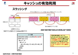 2020年4月23日 計算科学技術特論Ｂ 
61
キャッシュの有効利用
スラッシング
キャッシュスラッシングとは
ソース例
subroutine sub(a, n, m) ※n=256, m=256
real*8 a(n, m, 4)
do j = 1 , m
do i = 1 , n
a(i, j, 4) = a(i, j, 1) + a(i, j, 2) + a(i, j, 3)
enddo
enddo
End
キャッシュスラッシングとは、キャッシュ上の特定のインデックス（キャッシュ上の
情報）のデータだけが頻繁に上書きされる現象のことです。この現象は、配列サ
が２のべき乗の場合およびループ内のストリーム数が多い場合に発生しやすく
す。 注：ストリームとは、ループの回転に伴って参照定義される一連のデータの
今回の例の場合、a(1,1,1)、
a(1,1,2)、a(1,1,3)、a(1,1,4)はそ
キャッシュへの格納
キャッシュへの格納（競合）
実行
（L1Dキャッシュ） （メモリ上のデー
a( 1, 1,
・ ・ ・
a ( 16, 1
・ ・ ・
a( 1, 1,
・ ・ ・
a ( 16, 1
・ ・ ・
a( 1, 1,
・ ・ ・
1WAY
128エントリ
2WAY
L1Dキャッシュスラッシングの目安
24
スラッシングとは
※n=256, m=256
(i, j, 2) + a(i, j, 3)
ングとは、キャッシュ上の特定のインデックス（キャッシュ上の位置
が頻繁に上書きされる現象のことです。この現象は、配列サイズ
合およびループ内のストリーム数が多い場合に発生しやすくなりま
注：ストリームとは、ループの回転に伴って参照定義される一連のデータのことです。
今回の例の場合、a(1,1,1)、
a(1,1,2)、a(1,1,3)、a(1,1,4)はそ
れぞれ32×16KBずつ離れている
（16KB境界にある）ため4つが同
じインデックスに割り当てられる。
そのため1つ目、2つ目のデータが
3つ目、4つ目のデータに上書きさ
れる。
キャッシュへの格納
キャッシュへの格納（競合）
実行順序①～④
（L1Dキャッシュ） （メモリ上のデータ配置）
a( 1, 1, 1)
・ ・ ・
a ( 16, 1, 1)
・ ・ ・
a( 1, 1, 2)
・ ・ ・
a ( 16, 1, 2)
・ ・ ・
a( 1, 1, 3)
・ ・ ・
a ( 16, 1, 3)
・ ・ ・
a( 1, 1, 4)
・ ・ ・
a ( 16, 1, 4)
・ ・ ・
実行順序
④
①
②
③
1WAY
128エントリ
2WAY
ッシングの目安
L1D ミス dm率
(/L1D ミス数)
20%以上
2回に1回ミスをする）
6回に1回ミスをする）
256×256×8B
=32×16KB
離れたアクセス
256×256×8B
=32×16KB
離れたアクセス
256×256×8B
=32×16KB
離れたアクセス
24
ソース例
broutine sub(a, n, m) ※n=256, m=256
al*8 a(n, m, 4)
o j = 1 , m
do i = 1 , n
a(i, j, 4) = a(i, j, 1) + a(i, j, 2) + a(i, j, 3)
enddo
nddo
nd
情報）のデータだけが頻繁に上書きされる現象のことです。この現象は、配列サイズ
が２のべき乗の場合およびループ内のストリーム数が多い場合に発生しやすくなりま
す。 注：ストリームとは、ループの回転に伴って参照定義される一連のデータのことです。
今回の例の場合、a(1,1,1)、
a(1,1,2)、a(1,1,3)、a(1,1,4)はそ
れぞれ32×16KBずつ離れている
（16KB境界にある）ため4つが同
じインデックスに割り当てられる。
そのため1つ目、2つ目のデータが
3つ目、4つ目のデータに上書きさ
れる。
キャッシュへの格納
キャッシュへの格納（競合）
実行順序①～④
（L1Dキャッシュ） （メモリ上のデータ配置）
a( 1, 1, 1)
・ ・ ・
a ( 16, 1, 1)
・ ・ ・
a( 1, 1, 2)
・ ・ ・
a ( 16, 1, 2)
・ ・ ・
a( 1, 1, 3)
・ ・ ・
a ( 16, 1, 3)
・ ・ ・
a( 1, 1, 4)
・ ・ ・
a ( 16, 1, 4)
・ ・ ・
実行順序
④
①
②
③
1WAY
128エントリ
2WAY
L1Dキャッシュスラッシングの目安
L1D ミス率
(/ロード・ストア数)
L1D ミス dm率
(/L1D ミス数)
単精度 3.125%以上
倍精度 6.250%以上
20%以上
単精度:1/32（32回に1回ミスをする）
倍精度:1/16（16回に1回ミスをする）
256×256×8B
=32×16KB
離れたアクセス
256×256×8B
=32×16KB
離れたアクセス
256×256×8B
=32×16KB
離れたアクセス
ht 2012 RIKEN AICS
24
ソース例
subroutine sub(a, n, m) ※n=256, m=256
real*8 a(n, m, 4)
do j = 1 , m
do i = 1 , n
a(i, j, 4) = a(i, j, 1) + a(i, j, 2) + a(i, j, 3)
enddo
enddo
End
今回の例の場合、a(1,1,1)、
a(1,1,2)、a(1,1,3)、a(1,1,4)はそ
れぞれ32×16KBずつ離れている
（16KB境界にある）ため4つが同
じインデックスに割り当てられる。
そのため1つ目、2つ目のデータが
3つ目、4つ目のデータに上書きさ
れる。
キャッシュへの格納
キャッシュへの格納（競合）
実行順序①～④
（L1Dキャッシュ） （メモリ上のデータ配置）
a( 1, 1, 1)
・ ・ ・
a ( 16, 1, 1)
・ ・ ・
a( 1, 1, 2)
・ ・ ・
a ( 16, 1, 2)
・ ・ ・
a( 1, 1, 3)
・ ・ ・
a ( 16, 1, 3)
・ ・ ・
a( 1, 1, 4)
・ ・ ・
a ( 16, 1, 4)
・ ・ ・
実行順序
④
①
②
③
1WAY
128エントリ
2WAY
L1Dキャッシュスラッシングの目安
L1D ミス率
(/ロード・ストア数)
L1D ミス dm率
(/L1D ミス数)
単精度 3.125%以上
倍精度 6.250%以上
20%以上
単精度:1/32（32回に1回ミスをする）
倍精度:1/16（16回に1回ミスをする）
256×256×8B
=32×16KB
離れたアクセス
256×256×8B
=32×16KB
離れたアクセス
256×256×8B
=32×16KB
離れたアクセス
Copyright 2012 RIKEN AICS
24
subroutine sub(a, n, m) ※n=256, m=256
real*8 a(n, m, 4)
do j = 1 , m
do i = 1 , n
a(i, j, 4) = a(i, j, 1) + a(i, j, 2) + a(i, j, 3)
enddo
enddo
End
今回の例の場合、a(1,1,1)、
a(1,1,2)、a(1,1,3)、a(1,1,4)はそ
れぞれ32×16KBずつ離れている
（16KB境界にある）ため4つが同
じインデックスに割り当てられる。
そのため1つ目、2つ目のデータが
3つ目、4つ目のデータに上書きさ
れる。
a( 1, 1, 1)
・ ・ ・
a ( 16, 1, 1)
・ ・ ・
a( 1, 1, 2)
・ ・ ・
a ( 16, 1, 2)
・ ・ ・
a( 1, 1, 3)
・ ・ ・
a ( 16, 1, 3)
・ ・ ・
a( 1, 1, 4)
・ ・ ・
a ( 16, 1, 4)
・ ・ ・
④
①
②
③
1WAY
128エントリ
2WAY
L1Dキャッシュスラッシングの目安
L1D ミス率
(/ロード・ストア数)
L1D ミス dm率
(/L1D ミス数)
単精度 3.125%以上
倍精度 6.250%以上
20%以上
単精度:1/32（32回に1回ミスをする）
倍精度:1/16（16回に1回ミスをする）
256×256×8B
=32×16KB
離れたアクセス
256×256×8B
=32×16KB
離れたアクセス
256×256×8B
=32×16KB
離れたアクセス
Copyright 2012 RIKEN AICS
24
3)
キャッシュ上の特定のインデックス（キャッシュ上の位置
上書きされる現象のことです。この現象は、配列サイズ
ープ内のストリーム数が多い場合に発生しやすくなりま
注：ストリームとは、ループの回転に伴って参照定義される一連のデータのことです。
今回の例の場合、a(1,1,1)、
a(1,1,2)、a(1,1,3)、a(1,1,4)はそ
れぞれ32×16KBずつ離れている
（16KB境界にある）ため4つが同
じインデックスに割り当てられる。
そのため1つ目、2つ目のデータが
3つ目、4つ目のデータに上書きさ
れる。
キャッシュへの格納
キャッシュへの格納（競合）
実行順序①～④
（L1Dキャッシュ） （メモリ上のデータ配置）
a( 1, 1, 1)
・ ・ ・
a ( 16, 1, 1)
・ ・ ・
a( 1, 1, 2)
・ ・ ・
a ( 16, 1, 2)
・ ・ ・
a( 1, 1, 3)
・ ・ ・
a ( 16, 1, 3)
・ ・ ・
a( 1, 1, 4)
・ ・ ・
a ( 16, 1, 4)
・ ・ ・
実行順序
④
①
②
③
1WAY
128エントリ
2WAY
目安
m率
数)
する）
する）
256×256×8B
=32×16KB
離れたアクセス
256×256×8B
=32×16KB
離れたアクセス
256×256×8B
=32×16KB
離れたアクセス
24
=256, m=256
j, 2) + a(i, j, 3)
グとは、キャッシュ上の特定のインデックス（キャッシュ上の位置
が頻繁に上書きされる現象のことです。この現象は、配列サイズ
およびループ内のストリーム数が多い場合に発生しやすくなりま
注：ストリームとは、ループの回転に伴って参照定義される一連のデータのことです。
今回の例の場合、a(1,1,1)、
a(1,1,2)、a(1,1,3)、a(1,1,4)はそ
れぞれ32×16KBずつ離れている
（16KB境界にある）ため4つが同
じインデックスに割り当てられる。
そのため1つ目、2つ目のデータが
3つ目、4つ目のデータに上書きさ
れる。
キャッシュへの格納
キャッシュへの格納（競合）
実行順序①～④
（L1Dキャッシュ） （メモリ上のデータ配置）
a( 1, 1, 1)
・ ・ ・
a ( 16, 1, 1)
・ ・ ・
a( 1, 1, 2)
・ ・ ・
a ( 16, 1, 2)
・ ・ ・
a( 1, 1, 3)
・ ・ ・
a ( 16, 1, 3)
・ ・ ・
a( 1, 1, 4)
・ ・ ・
a ( 16, 1, 4)
・ ・ ・
実行順序
④
①
②
③
1WAY
128エントリ
2WAY
シングの目安
L1D ミス dm率
(/L1D ミス数)
20%以上
回に1回ミスをする）
回に1回ミスをする）
256×256×8B
=32×16KB
離れたアクセス
256×256×8B
=32×16KB
離れたアクセス
256×256×8B
=32×16KB
離れたアクセス
1way 2way
L1Dキャッシュ
128バイト×128エントリ×2way=32Kバイト
24
キャッシュスラッシングとは
ソース例
subroutine sub(a, n, m) ※n=256, m=256
real*8 a(n, m, 4)
do j = 1 , m
do i = 1 , n
a(i, j, 4) = a(i, j, 1) + a(i, j, 2) + a(i, j, 3)
enddo
enddo
End
キャッシュスラッシングとは、キャッシュ上の特定のインデックス（キャッシ
情報）のデータだけが頻繁に上書きされる現象のことです。この現象は、
が２のべき乗の場合およびループ内のストリーム数が多い場合に発生し
す。 注：ストリームとは、ループの回転に伴って参照定義される一連の
今回の例の場合、a(1,1,1)、
a(1,1,2)、a(1,1,3)、a(1,1,4)はそ
れぞれ32×16KBずつ離れている
（16KB境界にある）ため4つが同
じインデックスに割り当てられる。
そのため1つ目、2つ目のデータが
3つ目、4つ目のデータに上書きさ
れる。
キャッシュへの格納
キャッシュへの格納（競合）
（L1Dキャッシュ） （メモリ
a(
a
a(
a
a(
a
a(
a
1WAY
128エントリ
2WAY
L1Dキャッシュスラッシングの目安
L1D ミス率
(/ロード・ストア数)
L1D ミス dm率
(/L1D ミス数)
単精度 3.125%以上
倍精度 6.250%以上
20%以上
単精度:1/32（32回に1回ミスをする）
倍精度:1/16（16回に1回ミスをする）
Copyright 2012 RIKEN AICS
メモリ
アクセス時にキャッシュの追い出しが発生(スラッシング)
32×16KBのアドレス差
256*256*8B/1024=512KB=32*16KB
 