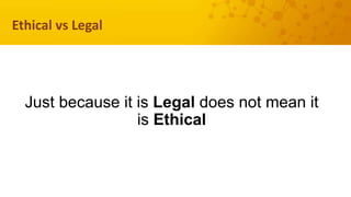 Just because it is Legal does not mean it
is Ethical
Ethical vs Legal
 